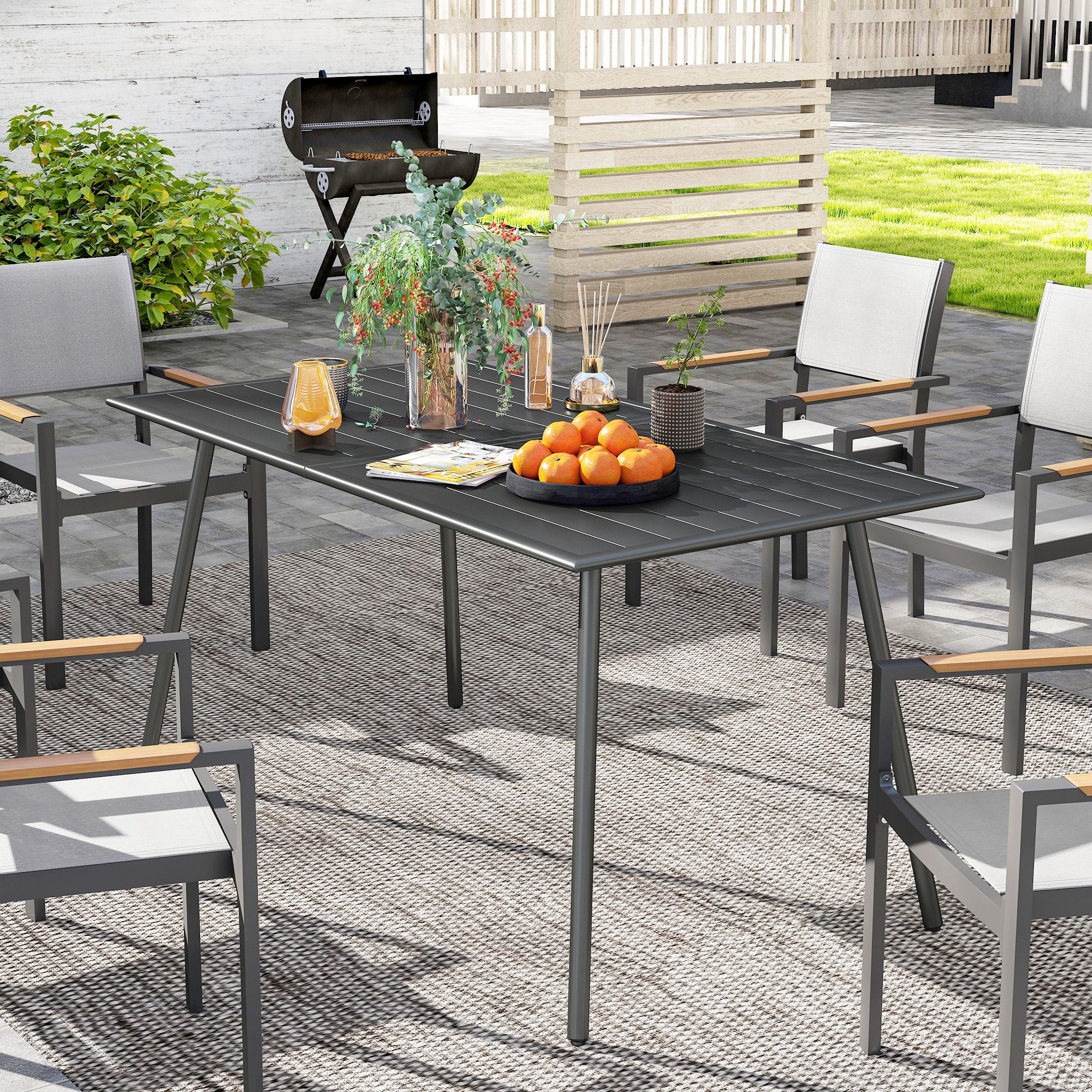 OUTSUNNY Garden Dining Table for 6 Person with Slat Top, Steel Frame, Grey