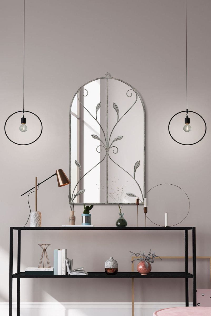 MirrorOutlet Concrete Colour Metal Framed Arched Wall Mirror 31"x 18" (80 X 46CM) in Grey