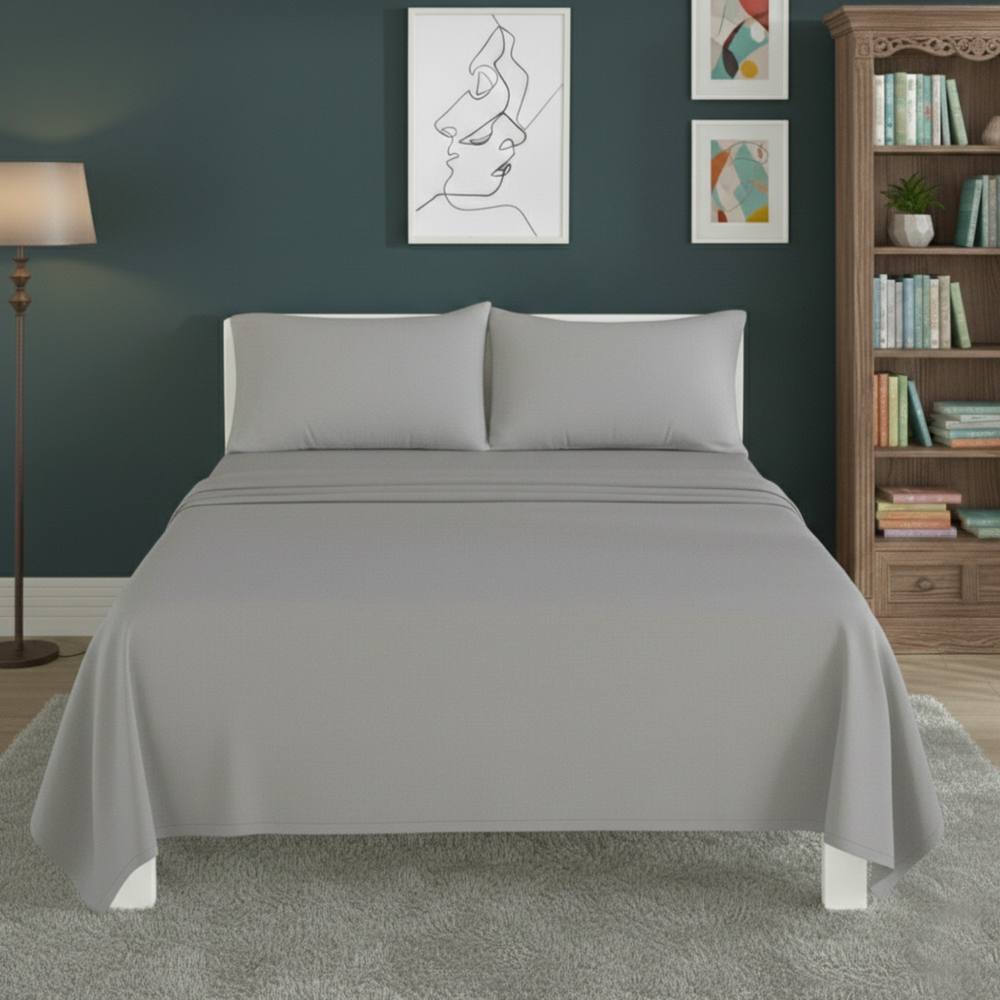 Snug City Easy Care Flat Bed Sheet Polycotton Durable Low Maintenance Bedding in Silver