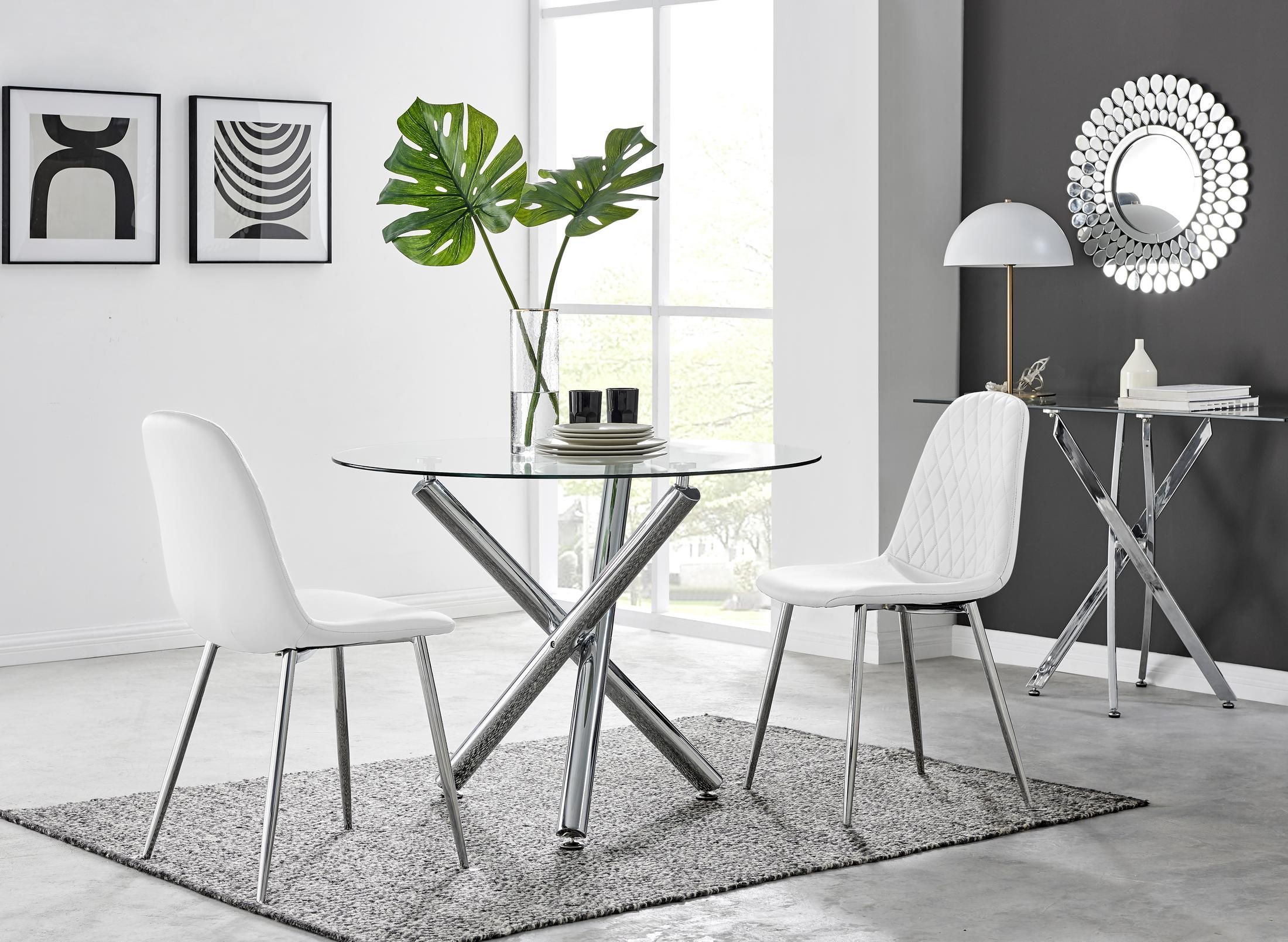 FurnitureboxUK Selina Round Glass Chrome Leg Dining Table & Corona Silver Leg Chairs in Off-White