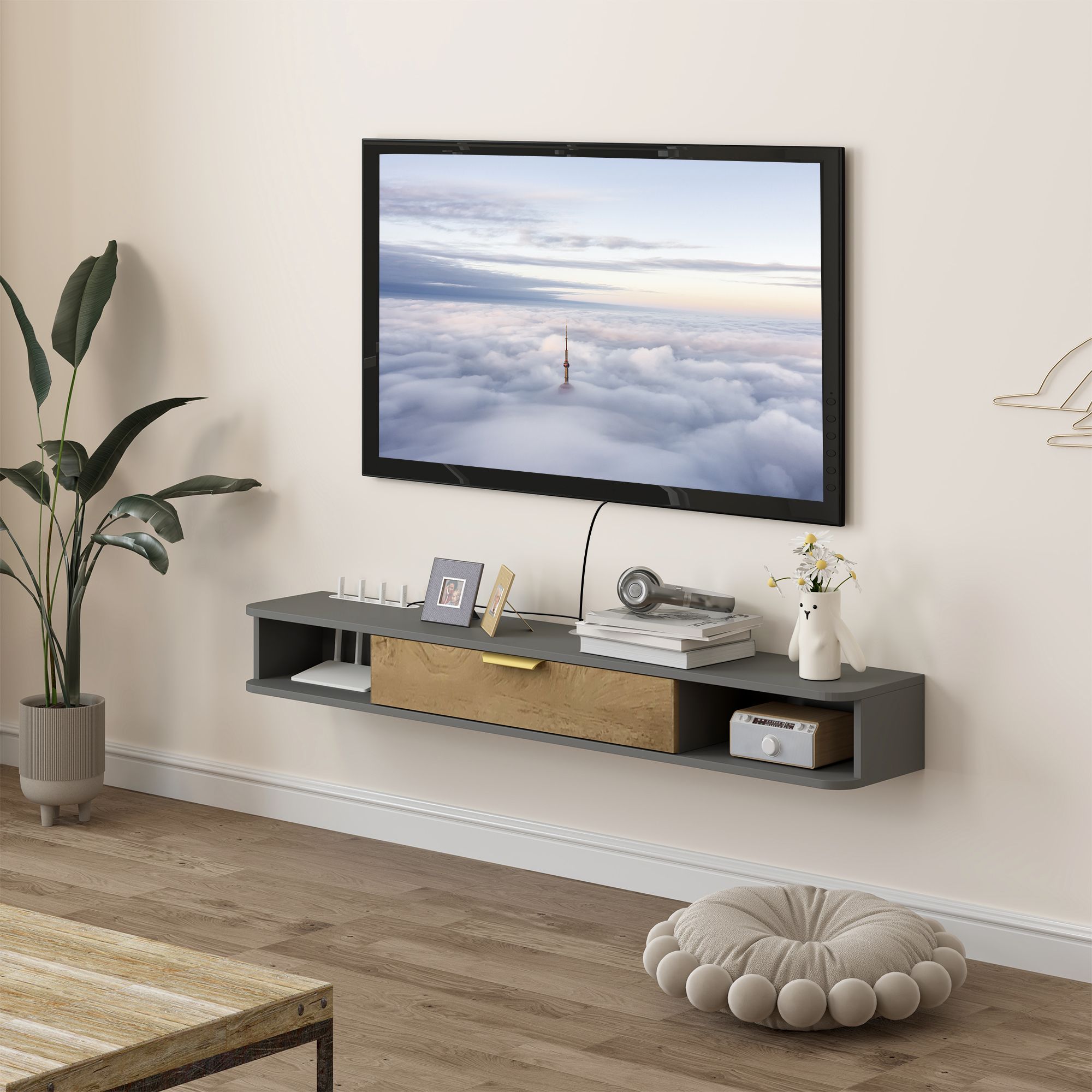 HOMCOM 140 cm Floating TV Unit with Storage Entertainment Media Console Grey in Dark Grey