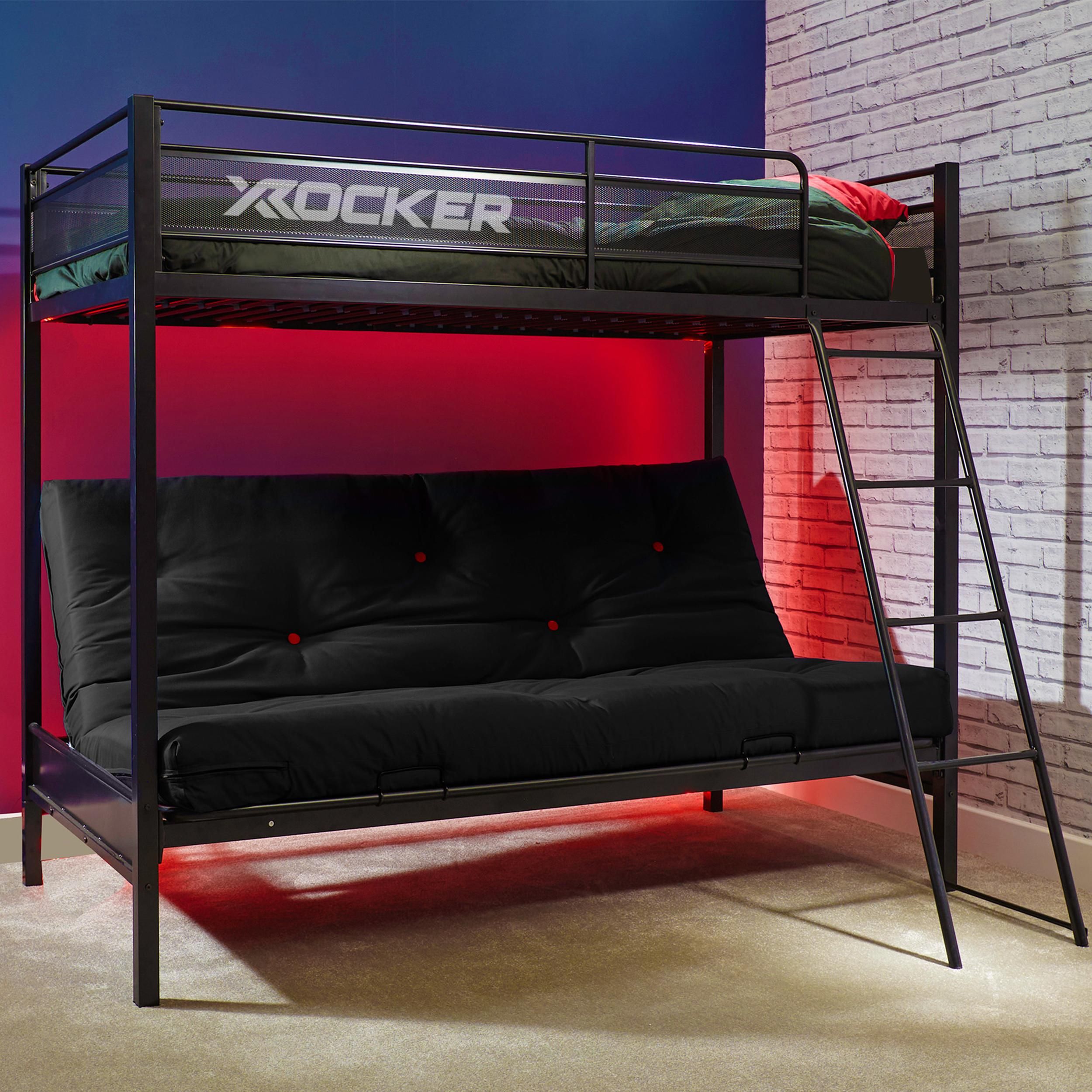 X Rocker Stronghold High Sleeper Bunk Bed with Double Futon / Sofa Bed in Black
