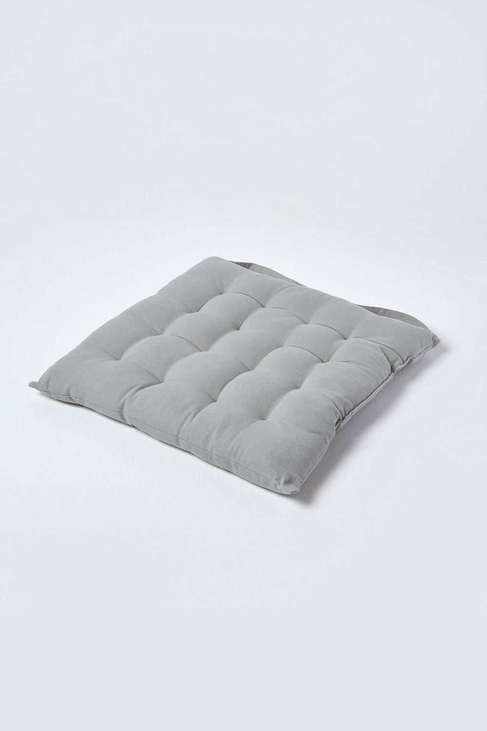 Homescapes Seat Pad Luxury 100% Cotton Indoor Outdoor Garden Cushion, Button Tie, 40cm in Grey