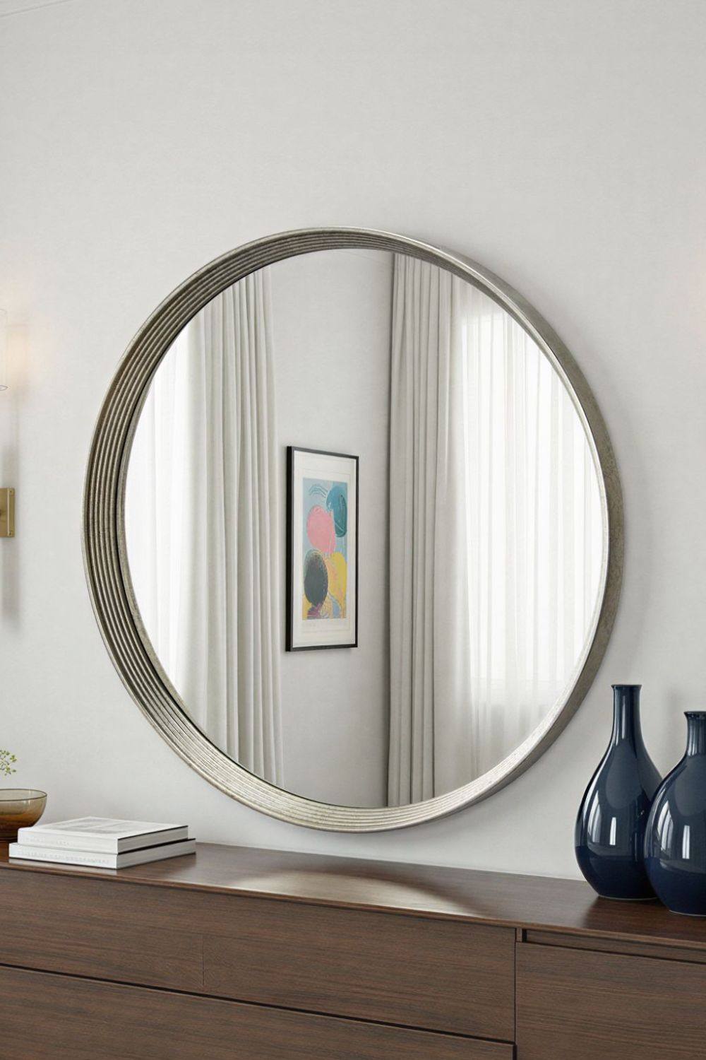 Yearn Mirrors Willow Silver Large Round Contemporary Mirror Bevelled in Metallic Silver