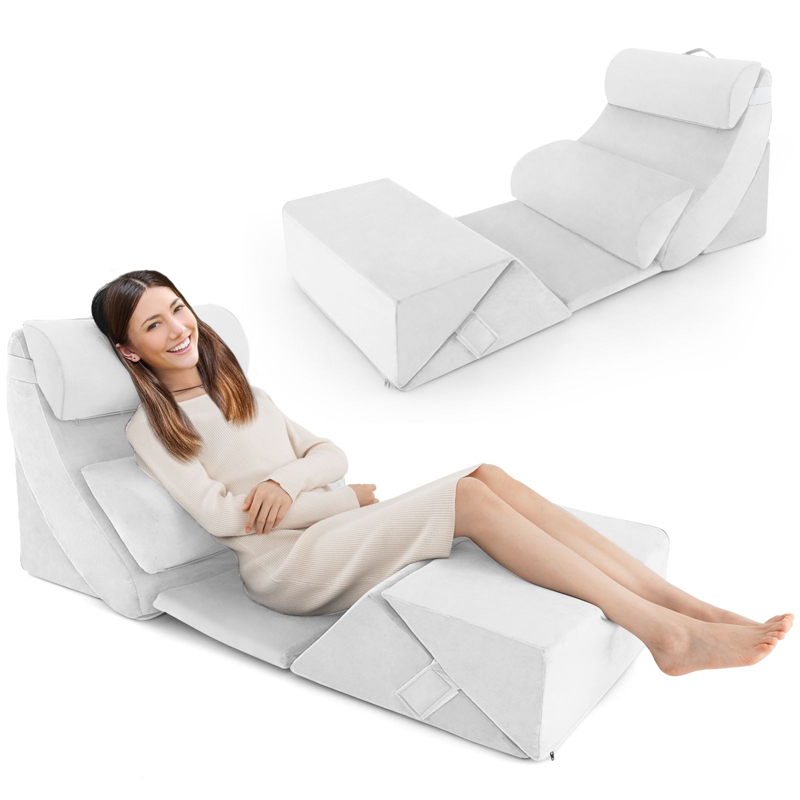 Costway 7 PCS Adjustable Support Pillow Set Bed Wedge Pillows Triangle Sit-up Pillow in White