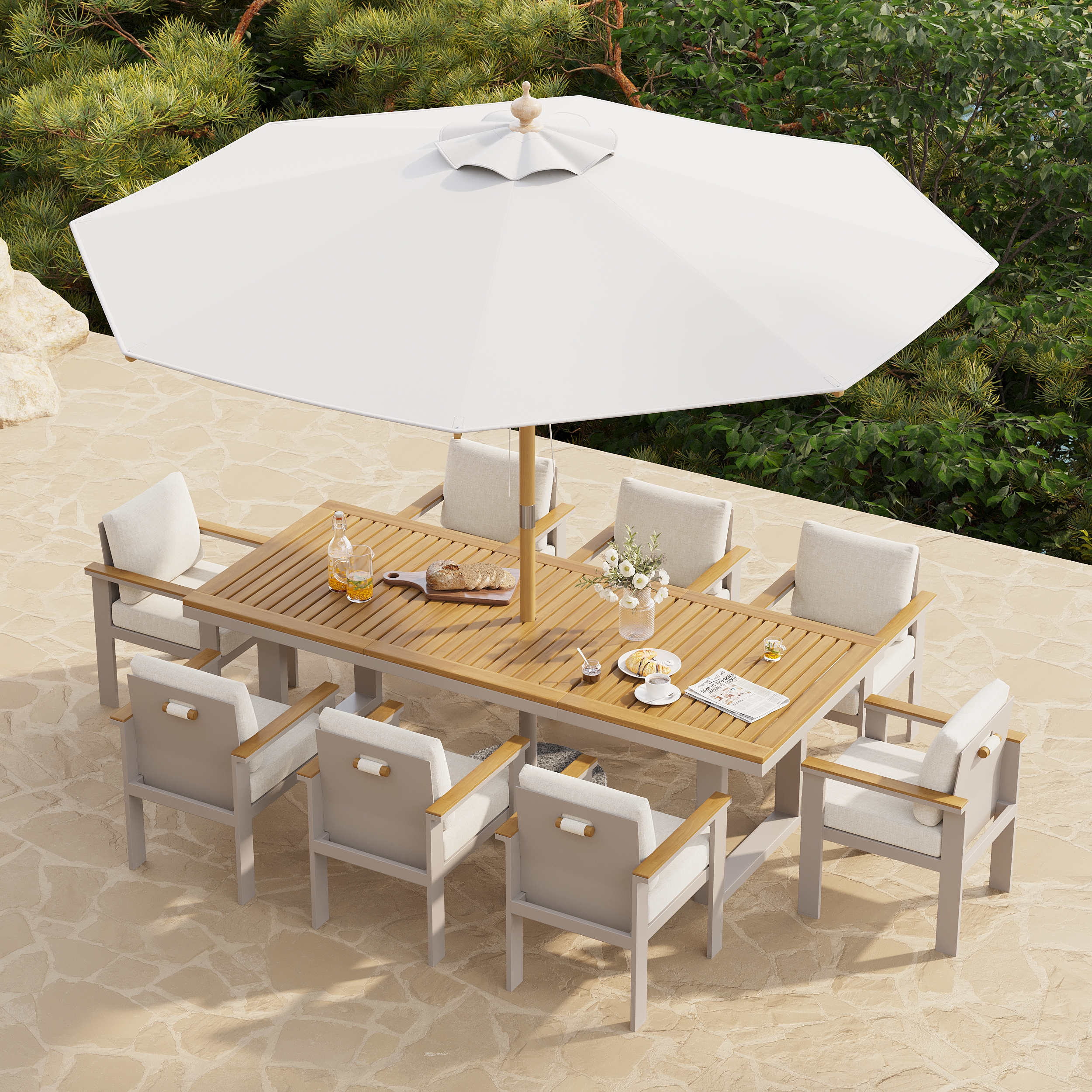 Tevara 10 Pieces Rectangle Wood & Aluminium Outdoor Patio Dining Set with Central Pillar Umbrella