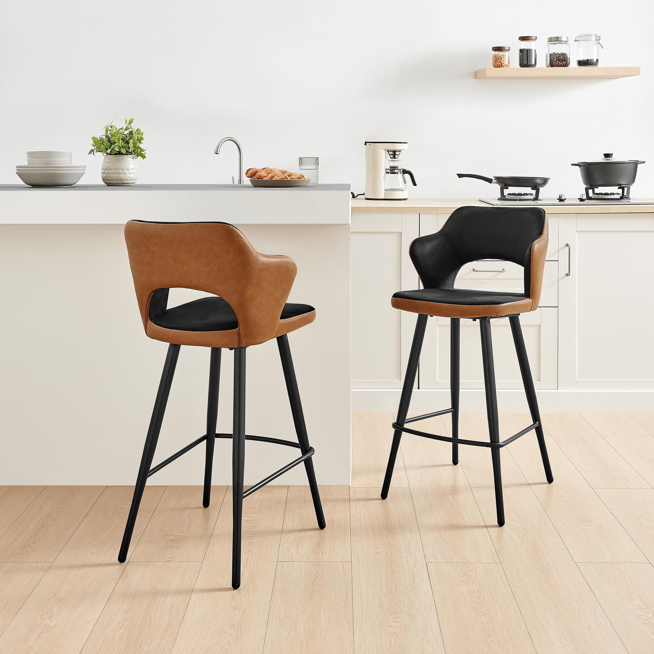 FurnitureboxUK Kai 2x Black Velvet Tan Faux Leather Black Leg Counter Stools