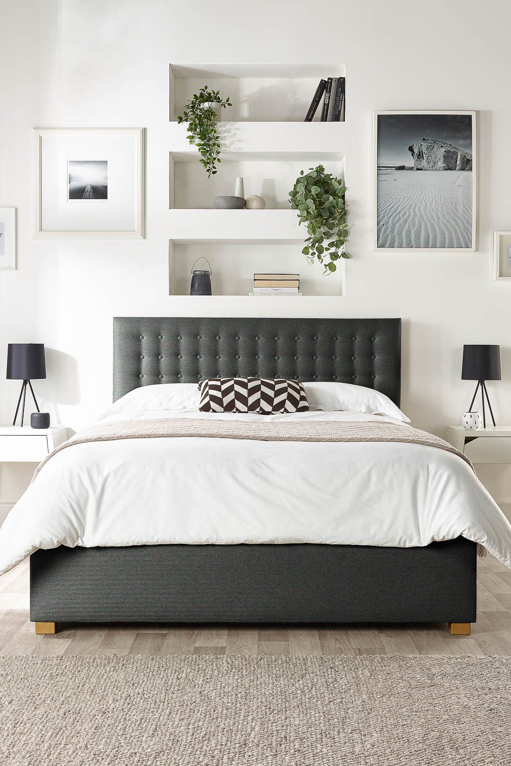 Catherine Lansfield Opulence Ottoman Storage Bed in Saxon Twill Fabric, Custom Made in Charcoal
