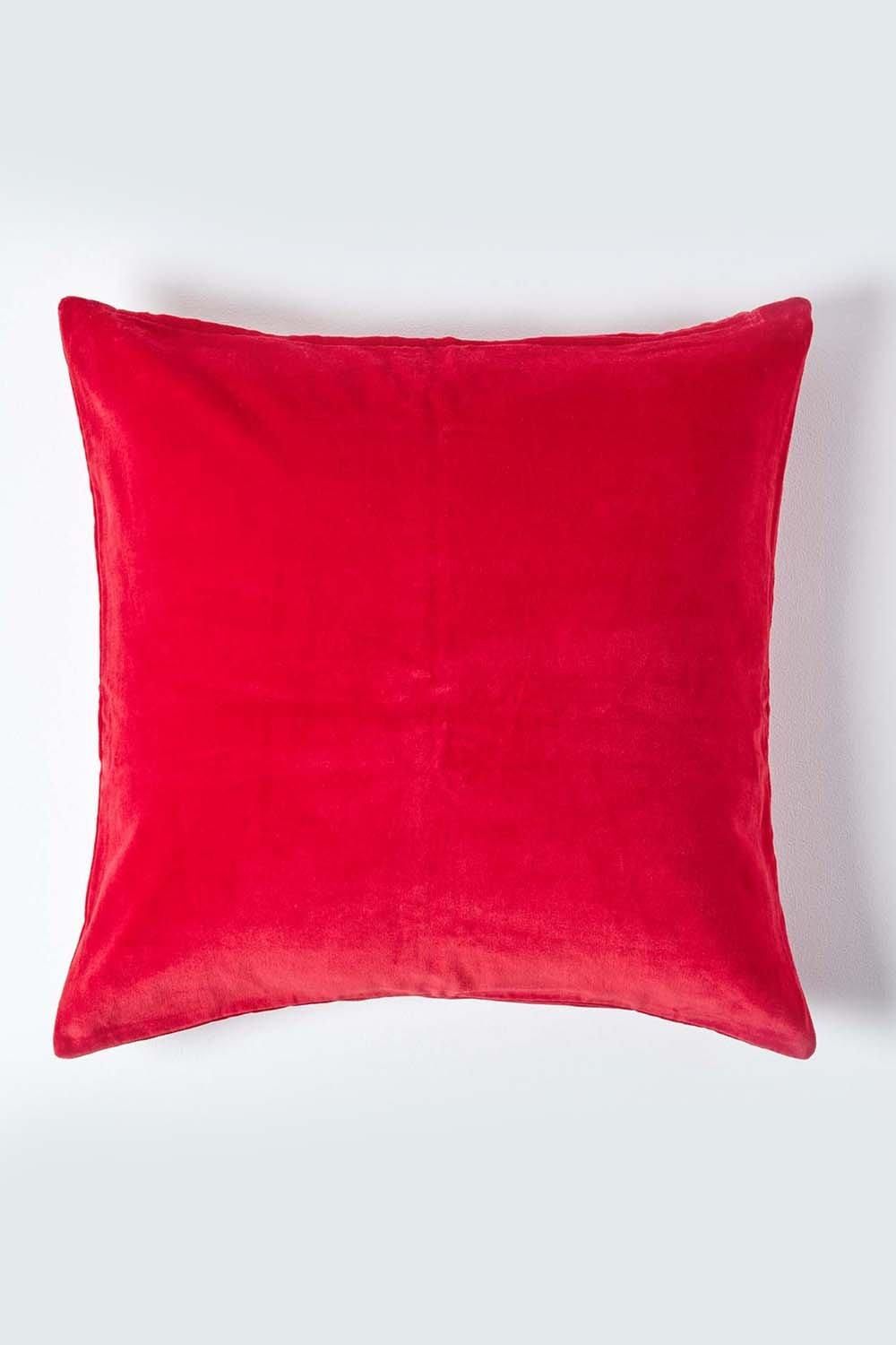 Homescapes Velvet Cushion Cover 100% Cotton, Soft & Machine Washable in Red