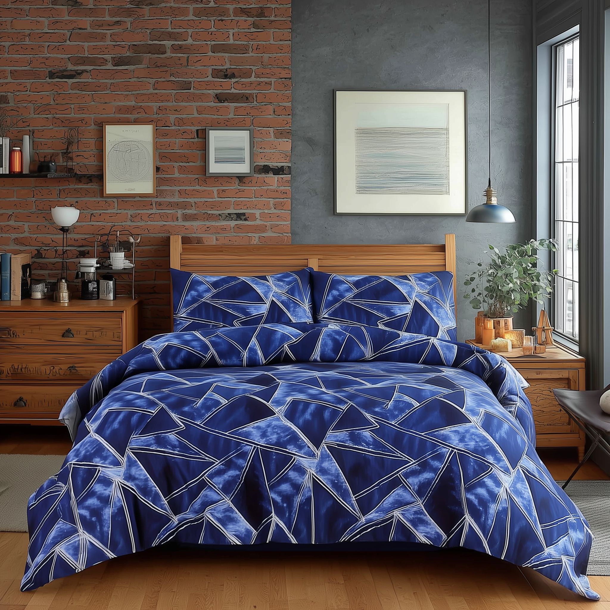 Snug City Duvet Cover & Pillowcase Set Triangle Design Polycotton Bed Linen in Blue