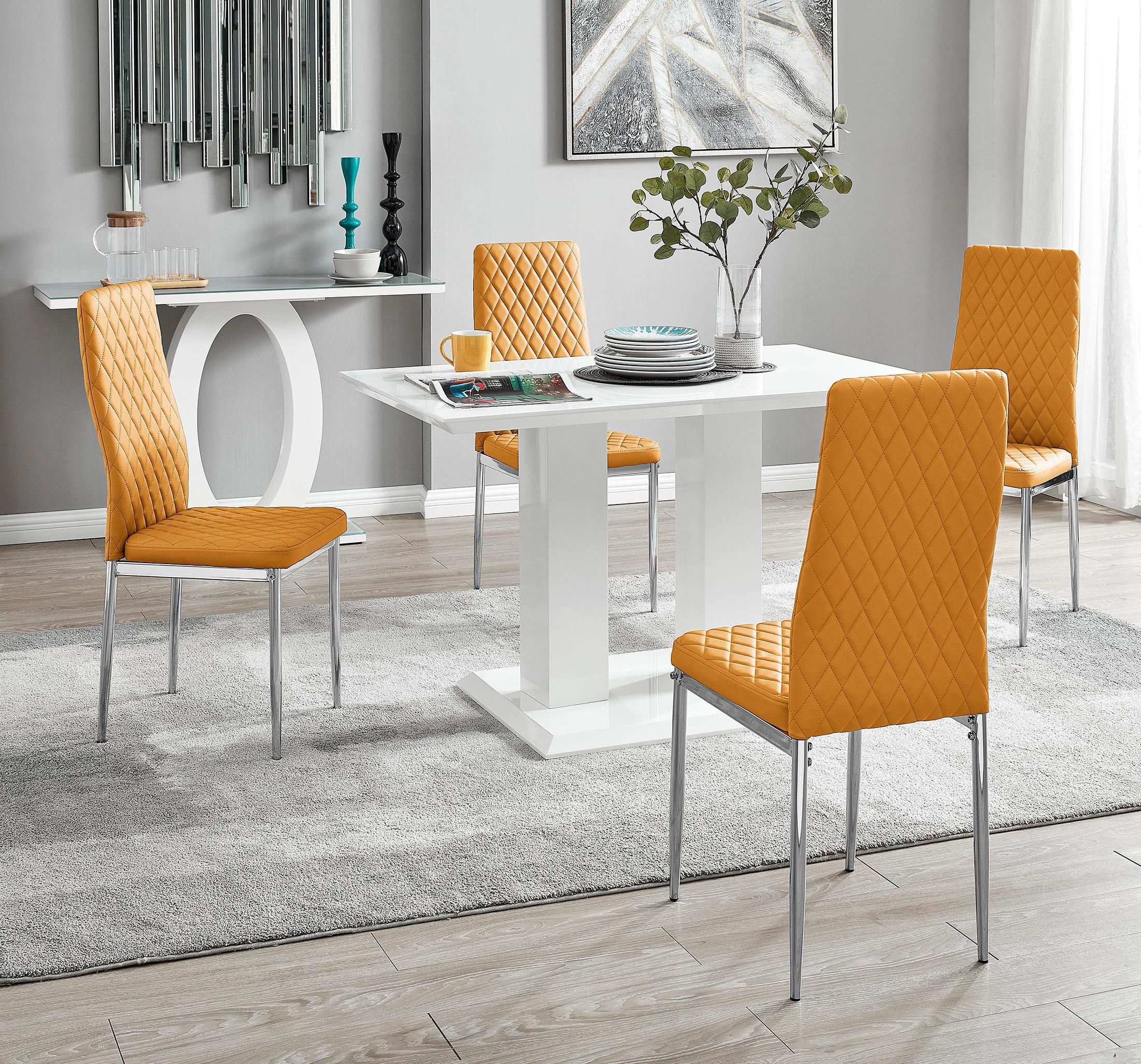 FurnitureboxUK Imperia 4 Seater Modern White High Gloss Rectangular Dining Table & 4 Milan Faux Leather Chairs in Mustard