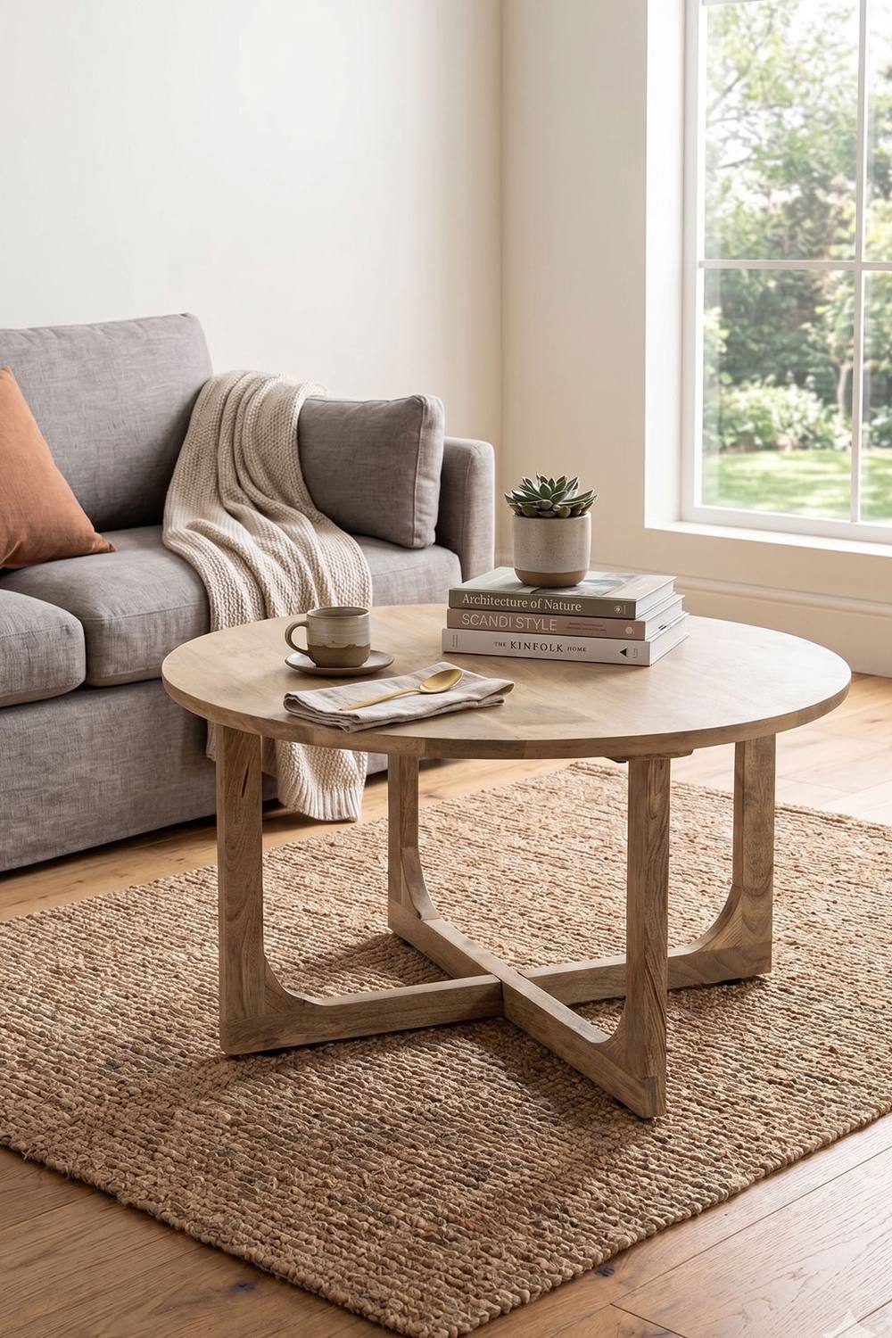 IH Design Bathwick Natural Solid Mango Wooden Round Coffee Table in Light Brown