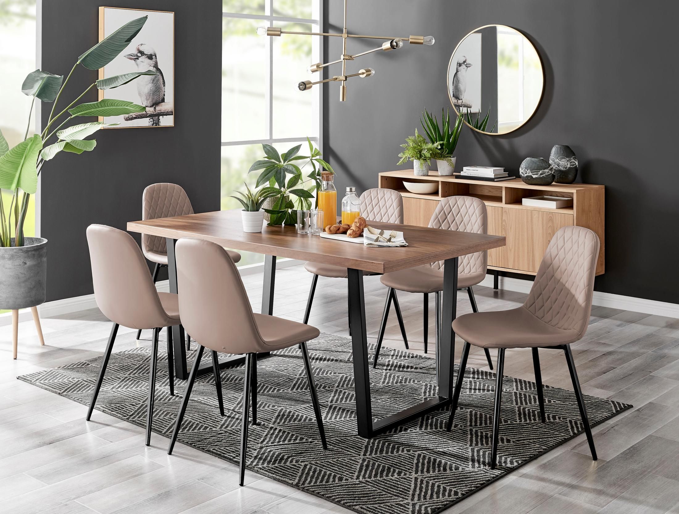 FurnitureboxUK Kylo Large Brown Wood Effect Dining Table & 6 Corona Black Leg Feax Leather Chairs in Beige