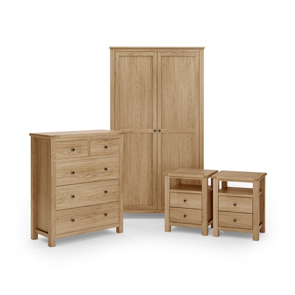 Olney Oak 5 Drawer Chest, Double Wardrobe & Bedside Tables Bundle