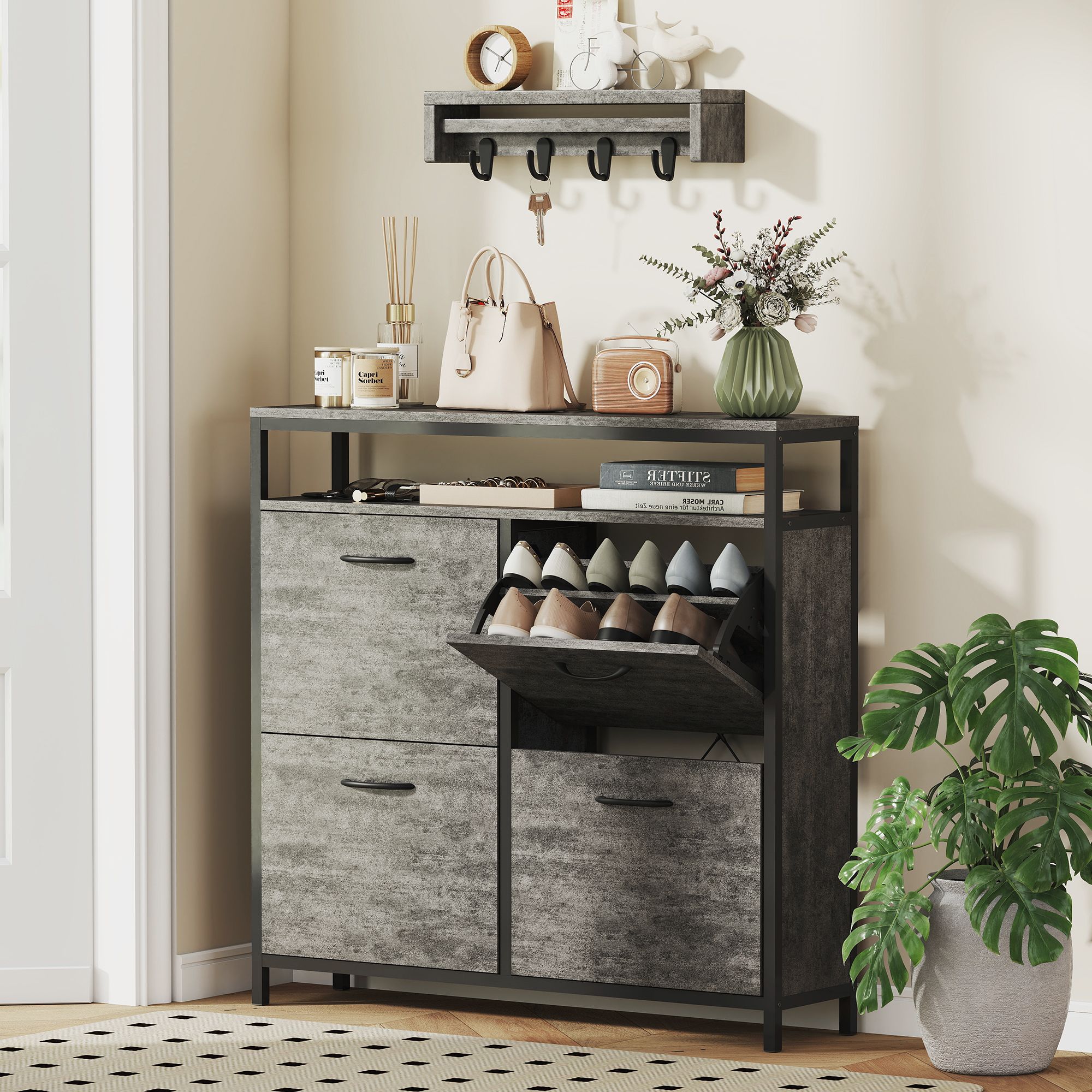 HOMCOM Shoe Cabinet with 4 Flip Drawers, Holds 12-20 Pairs in Grey