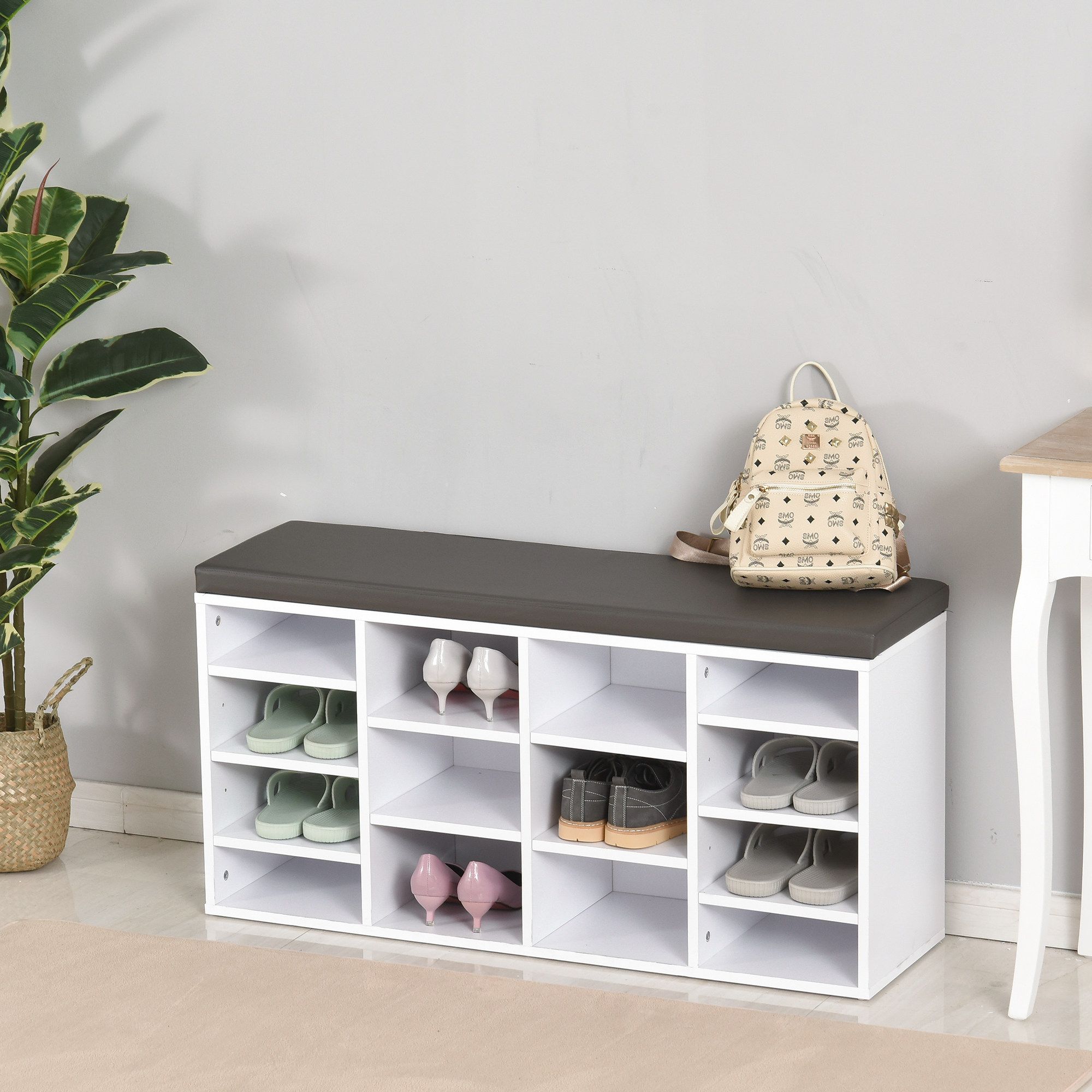 HOMCOM Shoe Rack w/ 14 Compartments Cushion Moving Shelves for Home in White