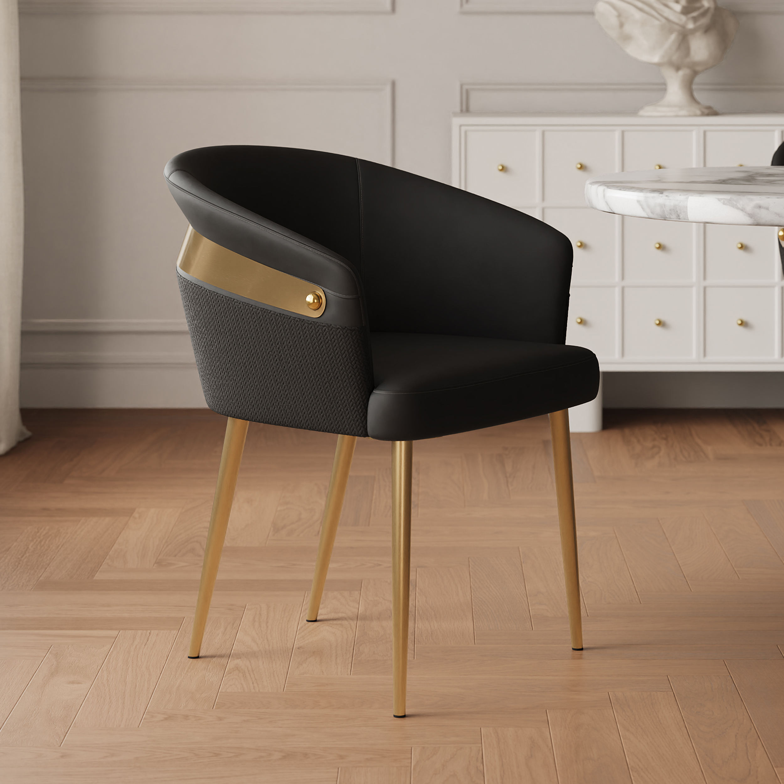 Set of 6 Modern Black PU Leather Dining Chair Curved Back with Gold Legs