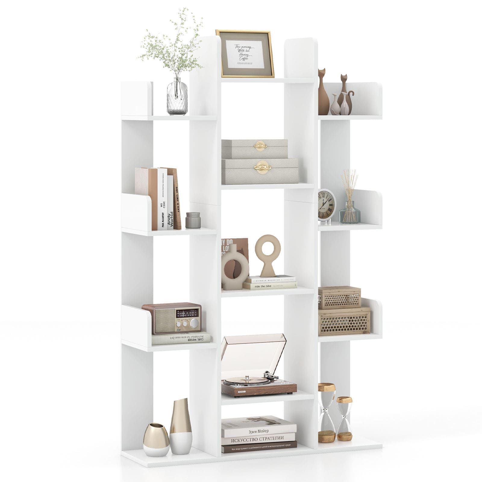 Costway Tree Bookshelf Display Cube Shelf Corner Books Storage Organizer in White