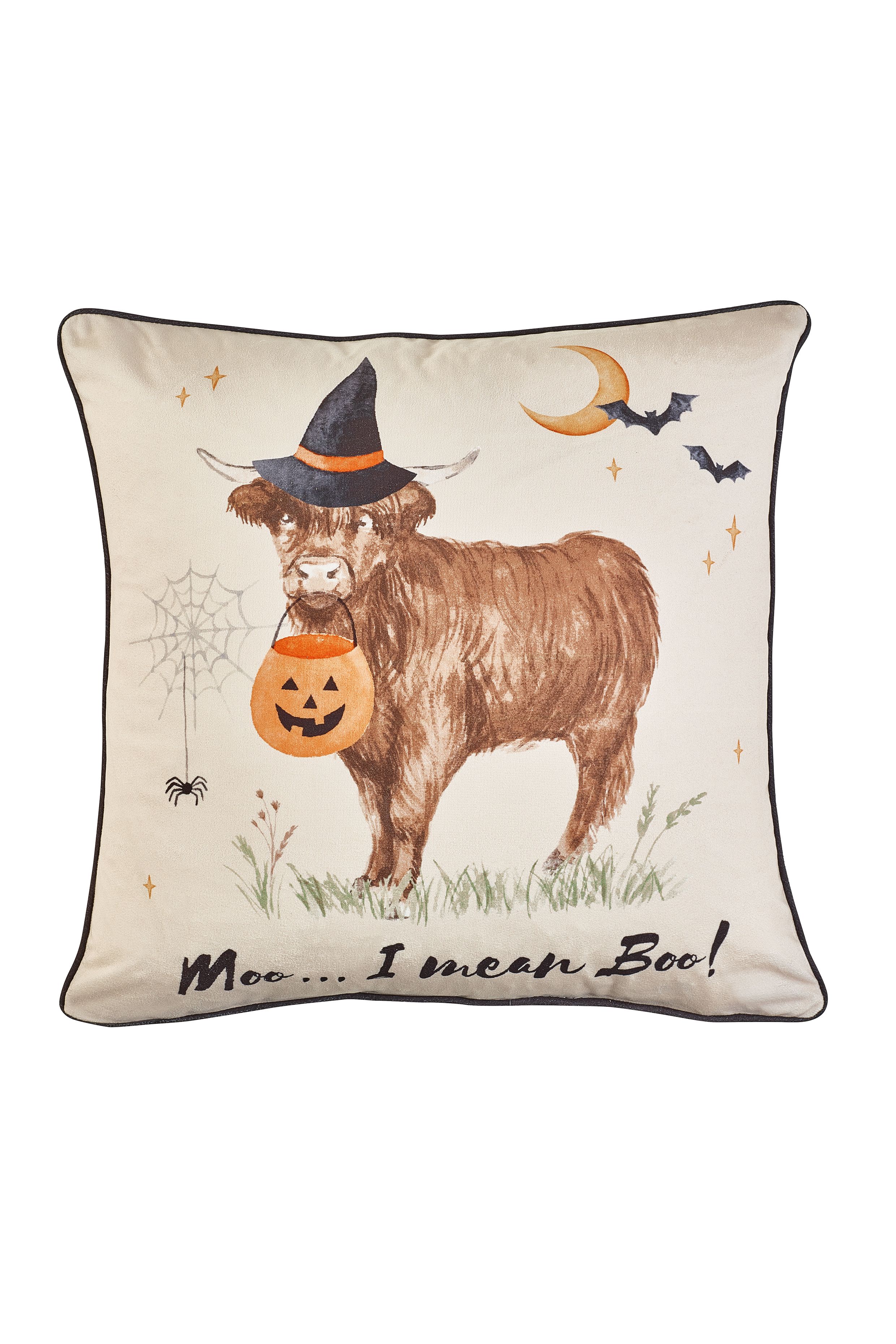 Catherine Lansfield 'Halloween Highland Cow' Soft Touch Cushion in Natural 3