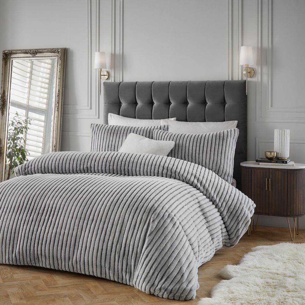 Paoletti Alpine Striped Faux Fur Duvet Cover Set in Grey
