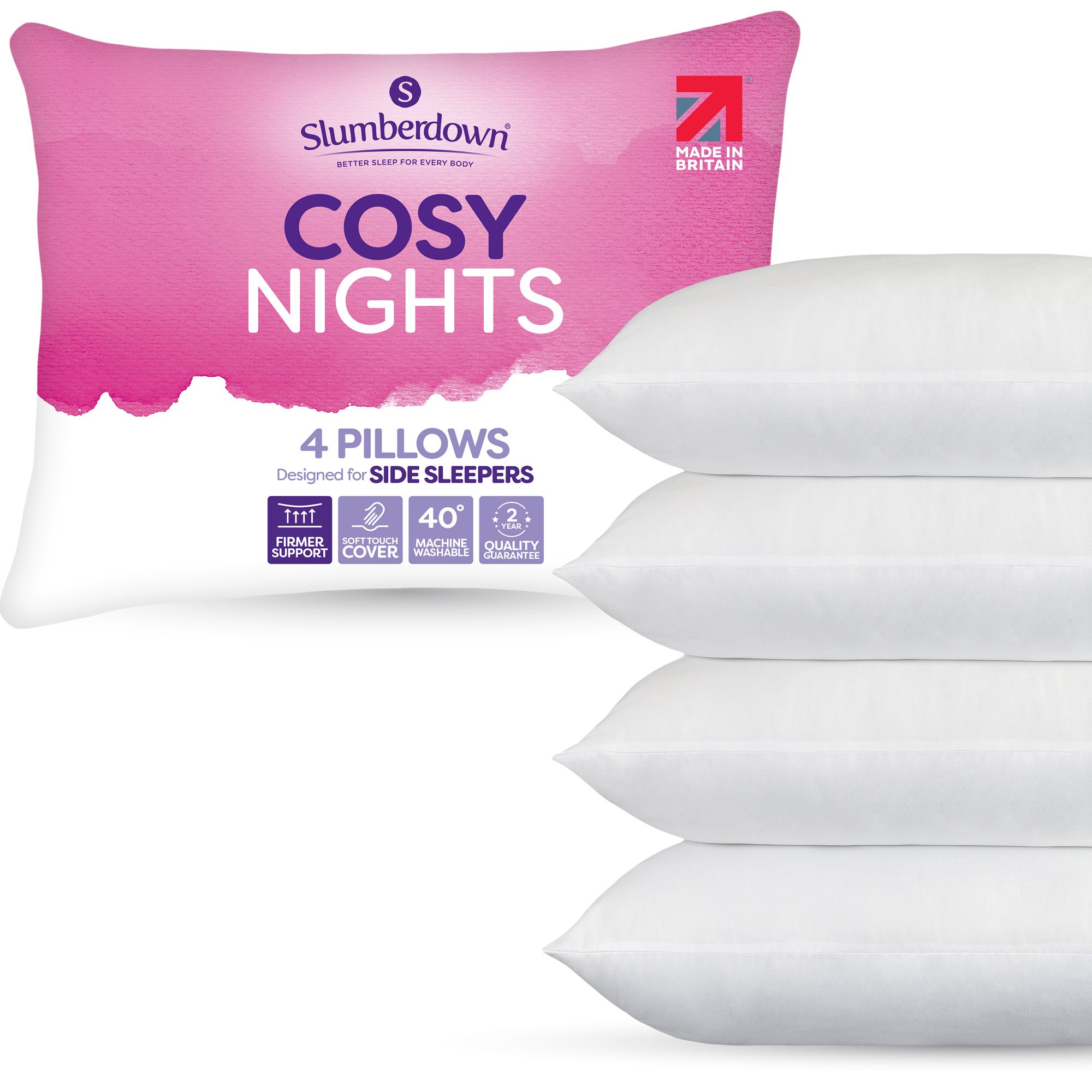 Slumberdown 4 Pack Cosy Nights Firm Support Side Sleeper Pillows in White