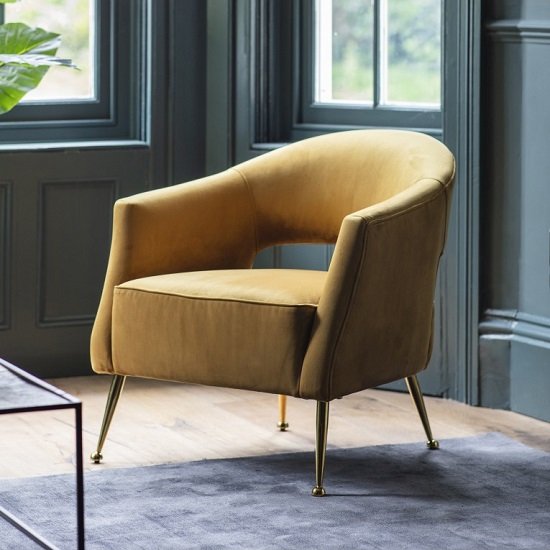 Gerania Velvel Arm Chair In Gold Finish With Metal Legs