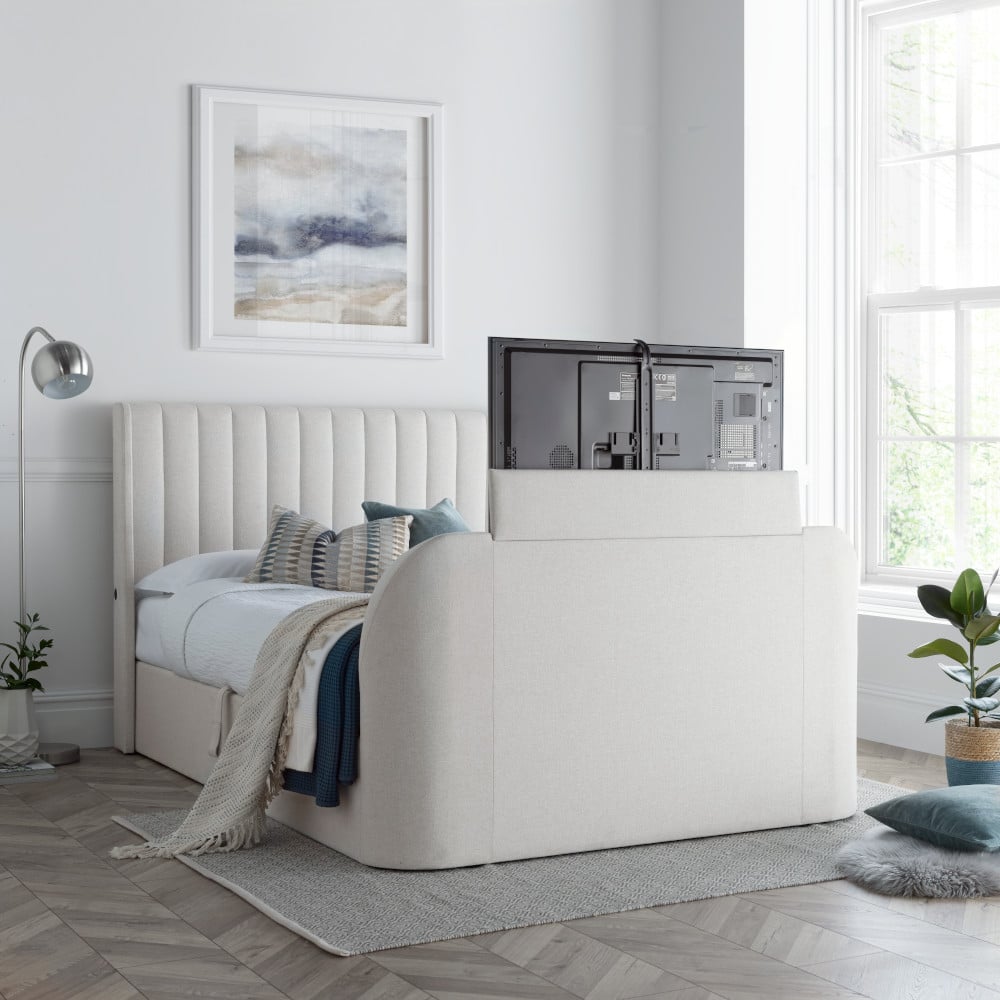 Luther - Super King Size - Winged Ottoman Storage TV Bed - Natural - Fabric - 6ft - Happy Beds
