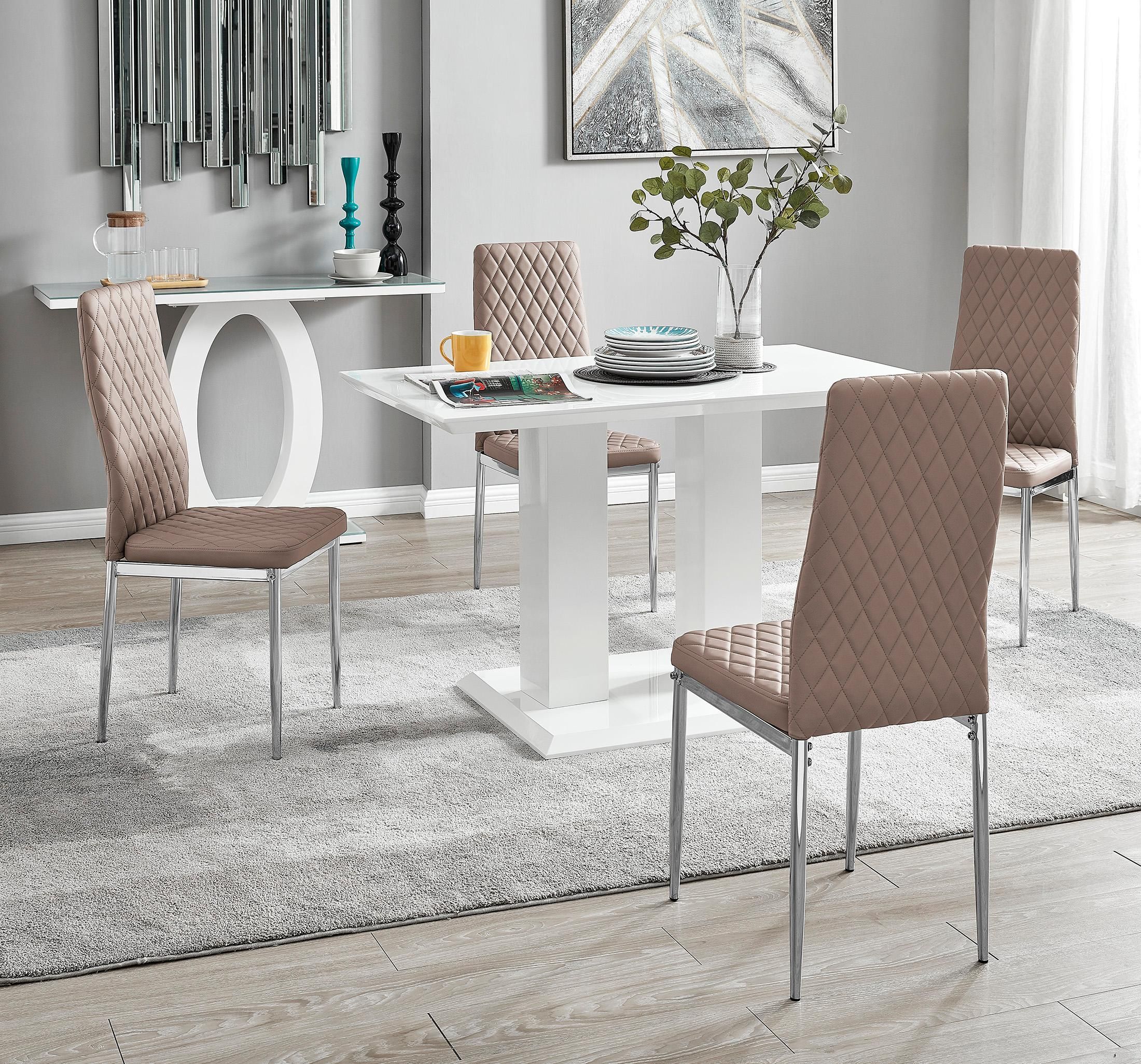 FurnitureboxUK Imperia 4 Seater Modern White High Gloss Rectangular Dining Table & 4 Milan Faux Leather Chairs in Beige