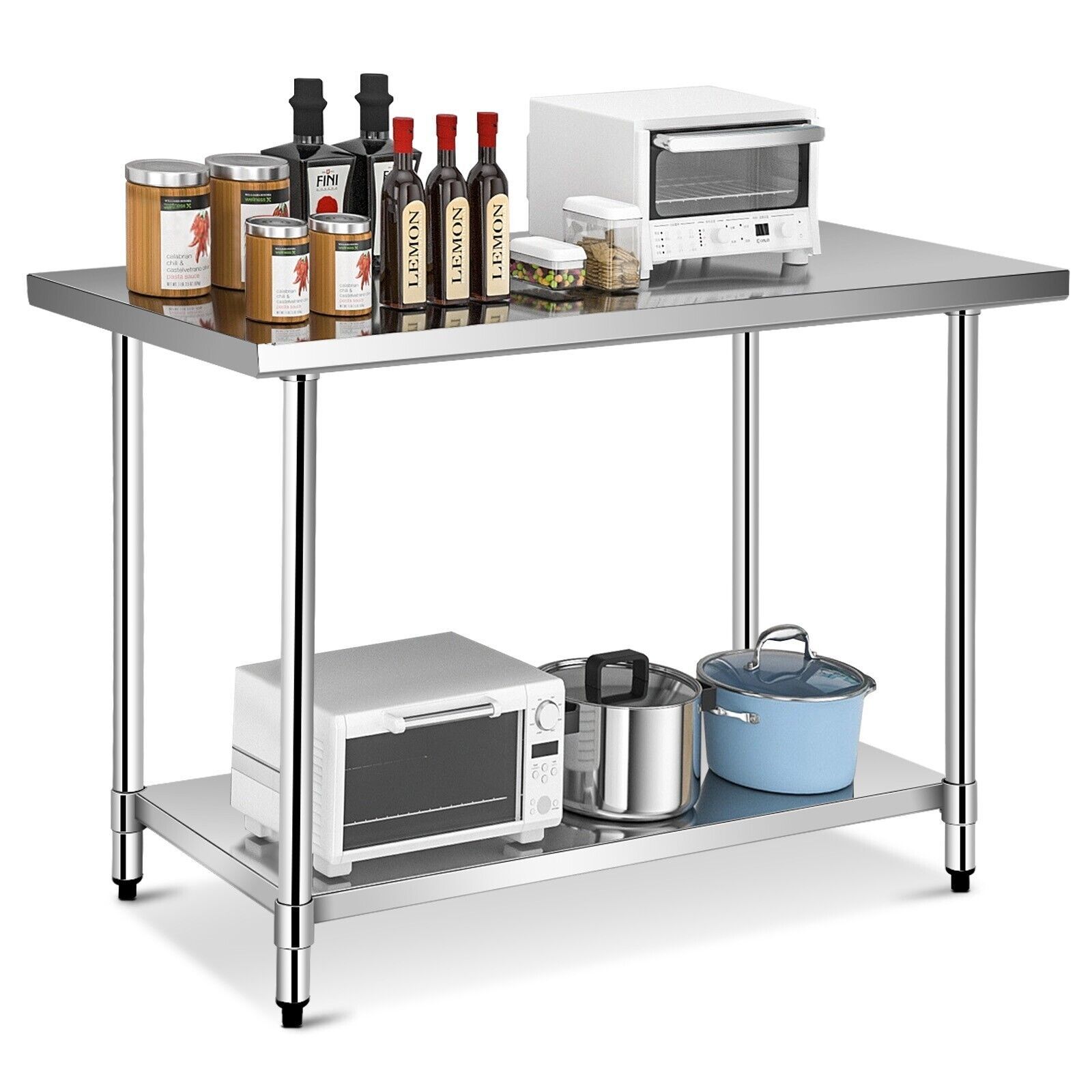 Costway 122 x 76 cm Stainless Steel Kitchen Prep Table Rolling Work Table Commercial Catering Table in Silver