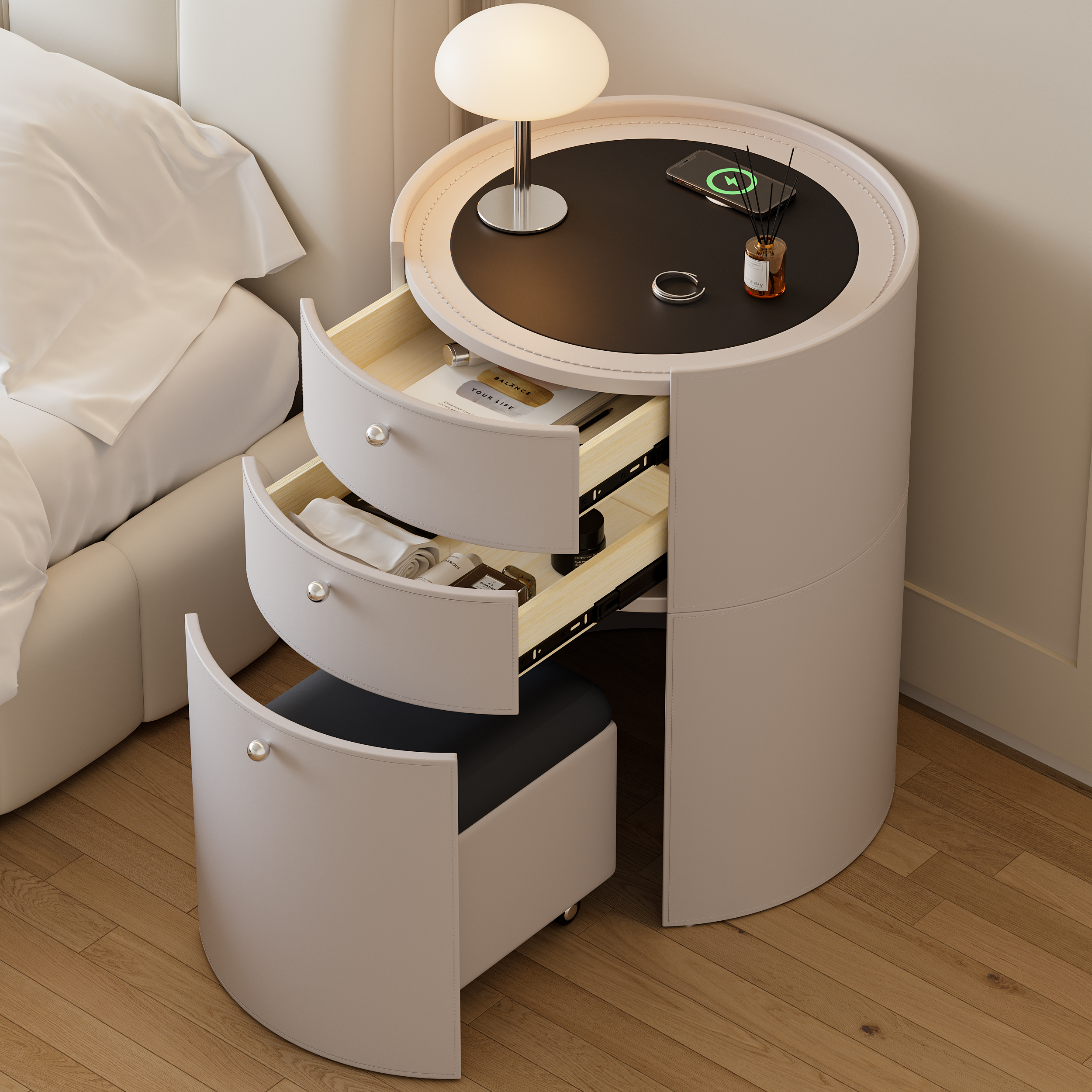Leather Round Smart Dressing Table with Chair with Charging Station