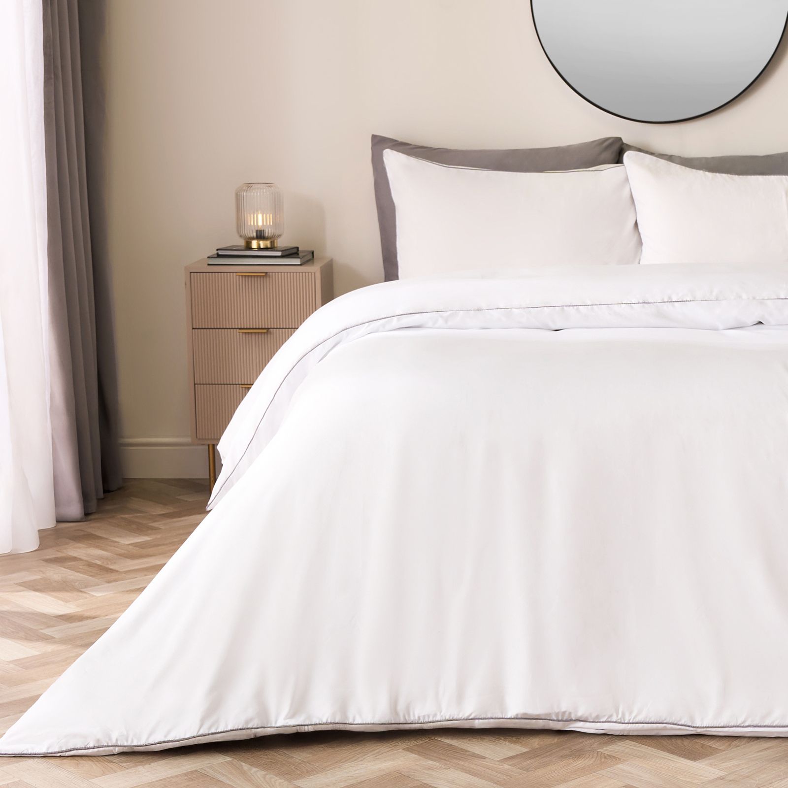 OHS Piped Edge Bedding Set Soft Duvet Cover with Pillowcase in Natural White