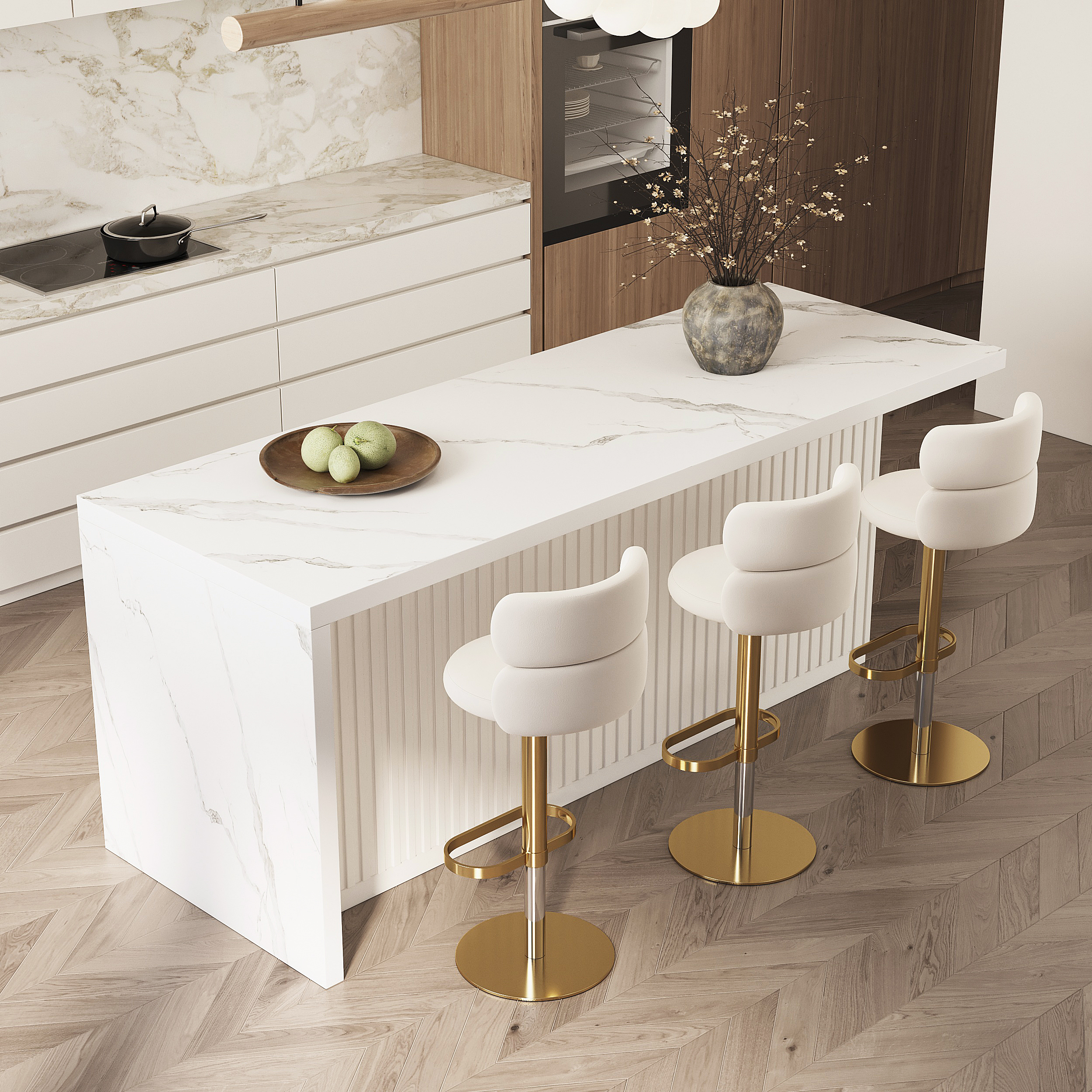 Bar Stool Velvet Upholstery Swivel Beige with Backrest Adjustable Height in Gold Finish Counter Stool