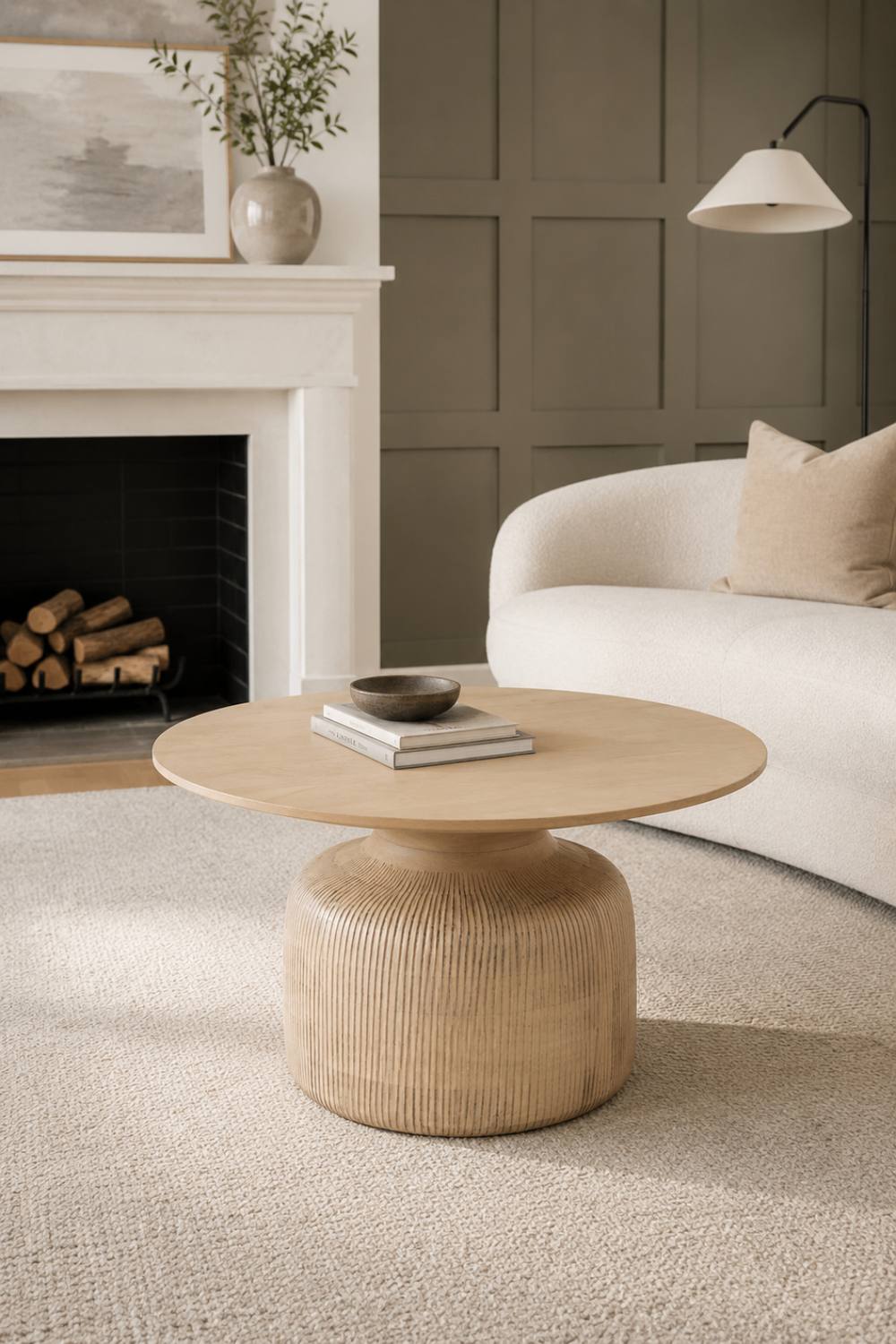 IH Design Tickhill Nordic Mango Wood Round Coffee Table in Light Sand