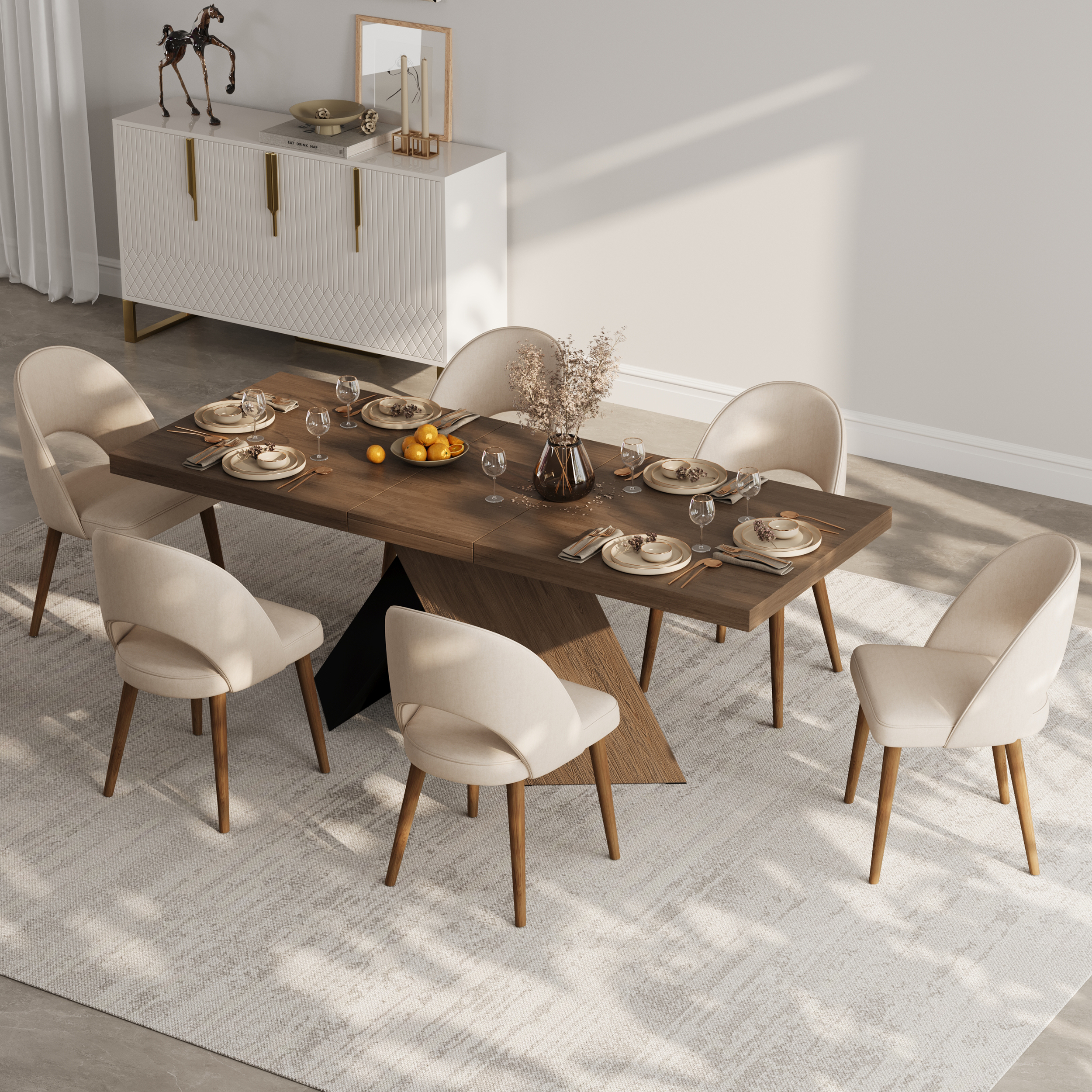 1600mm-2000mm Walnut Dining Table & 6  Dining Chairs Set