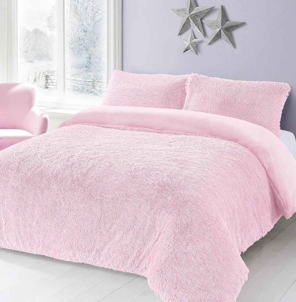 Homes-Linen Alaska Long Fur Teddy Fleece Duvet Cover Set Soft Warm Cosy Bedding in Pink