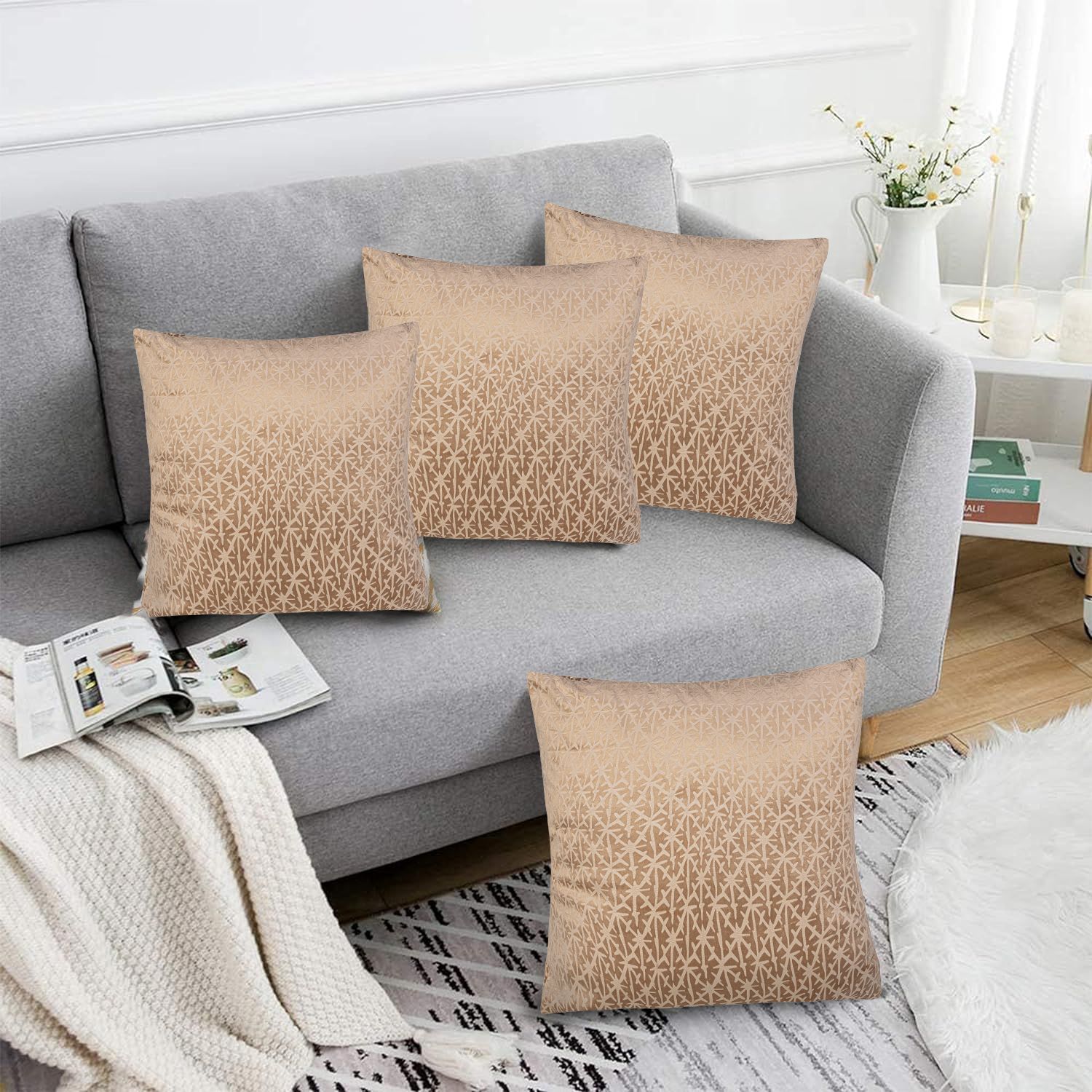 Luxury Living Luxurious Textured Velvet Cushions Set of 4 - Soft Plush Fibre Pads, Vibrant Colours for Sofa & Bed Décor in Beige