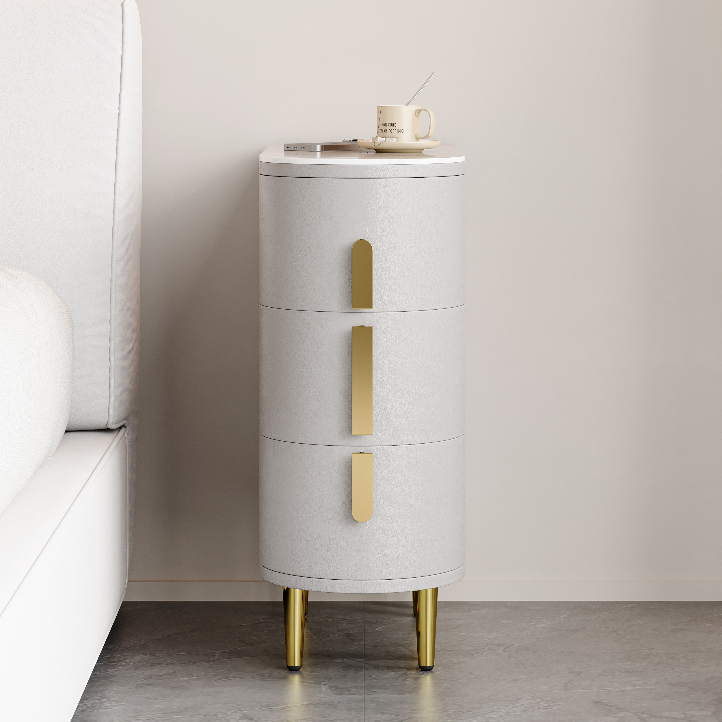 Modern Grey Narrow 3 Drawer Bedside Table Sintered Stone Top Bedside Table