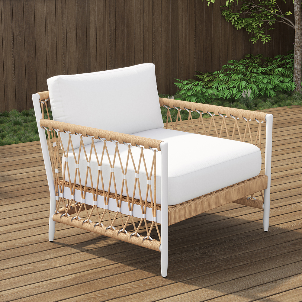 Woven Rope Outdoor Armchair Accent Chair Boho Yard & Patio Furniture in White Cushion & Pillow Included