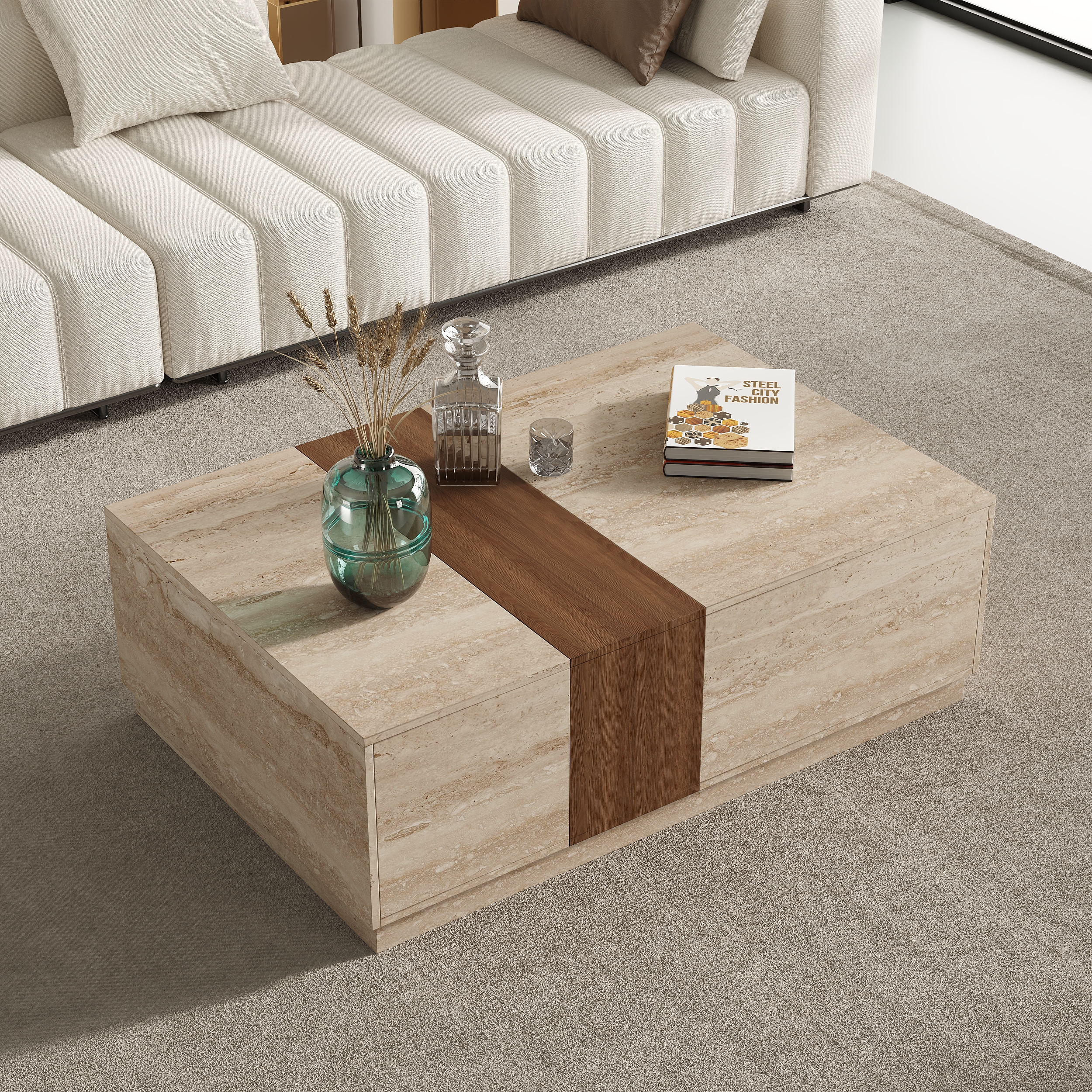 Vewal 120 cm Travertine Veneer Block Coffee Table with 2 Drawers