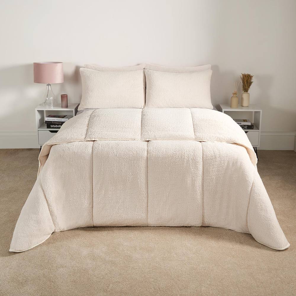 OHS Teddy Fleece 10.5 TOG Coverless Duvet with Pillowcase Bedding Set in Cream