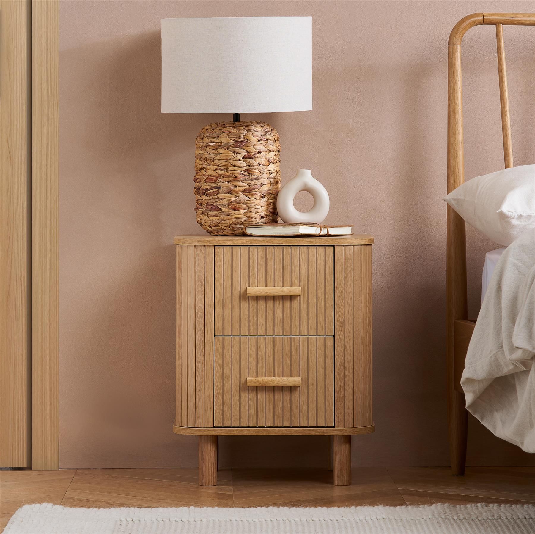 Birlea 2 Oak Brown Drawer Wooden Fluted Bedside Axel