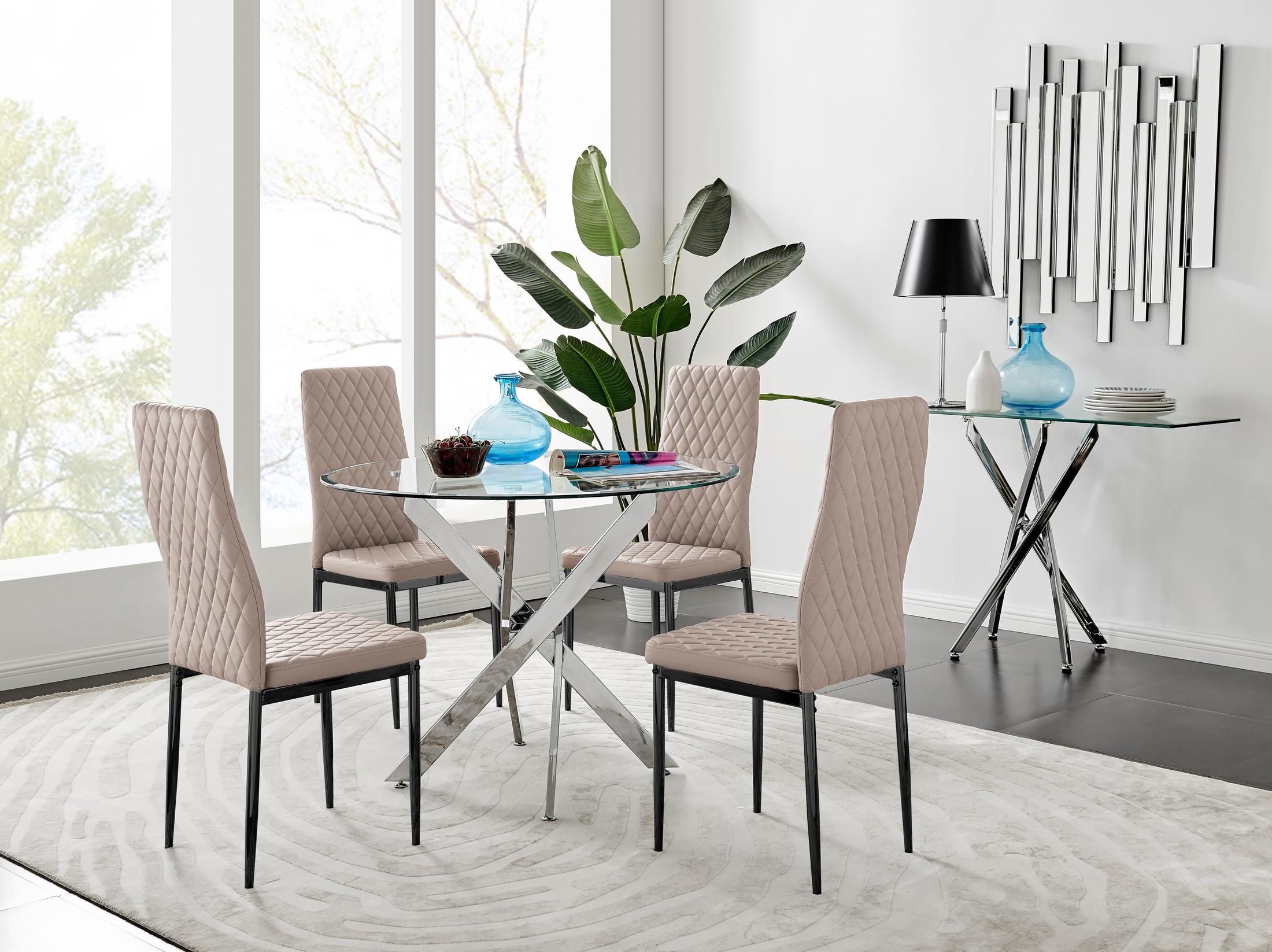 FurnitureboxUK Novara 100cm Round Dining Table & 4 Milan Black Leg Chairs in Beige