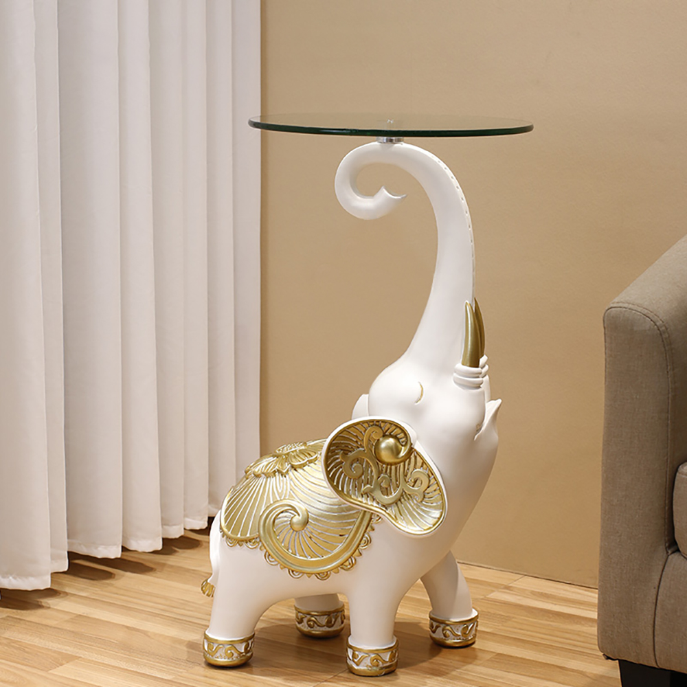 White Elephant Side Table in Gold Finish Modern End Table with Clear Glass Tray Top