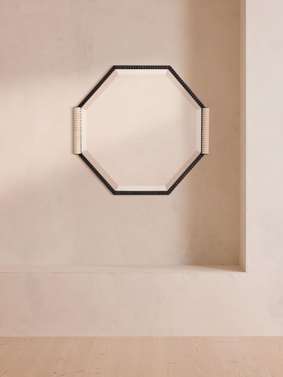 Welton Wall Mirror, Blackened Brass & Travertine, Extra Small