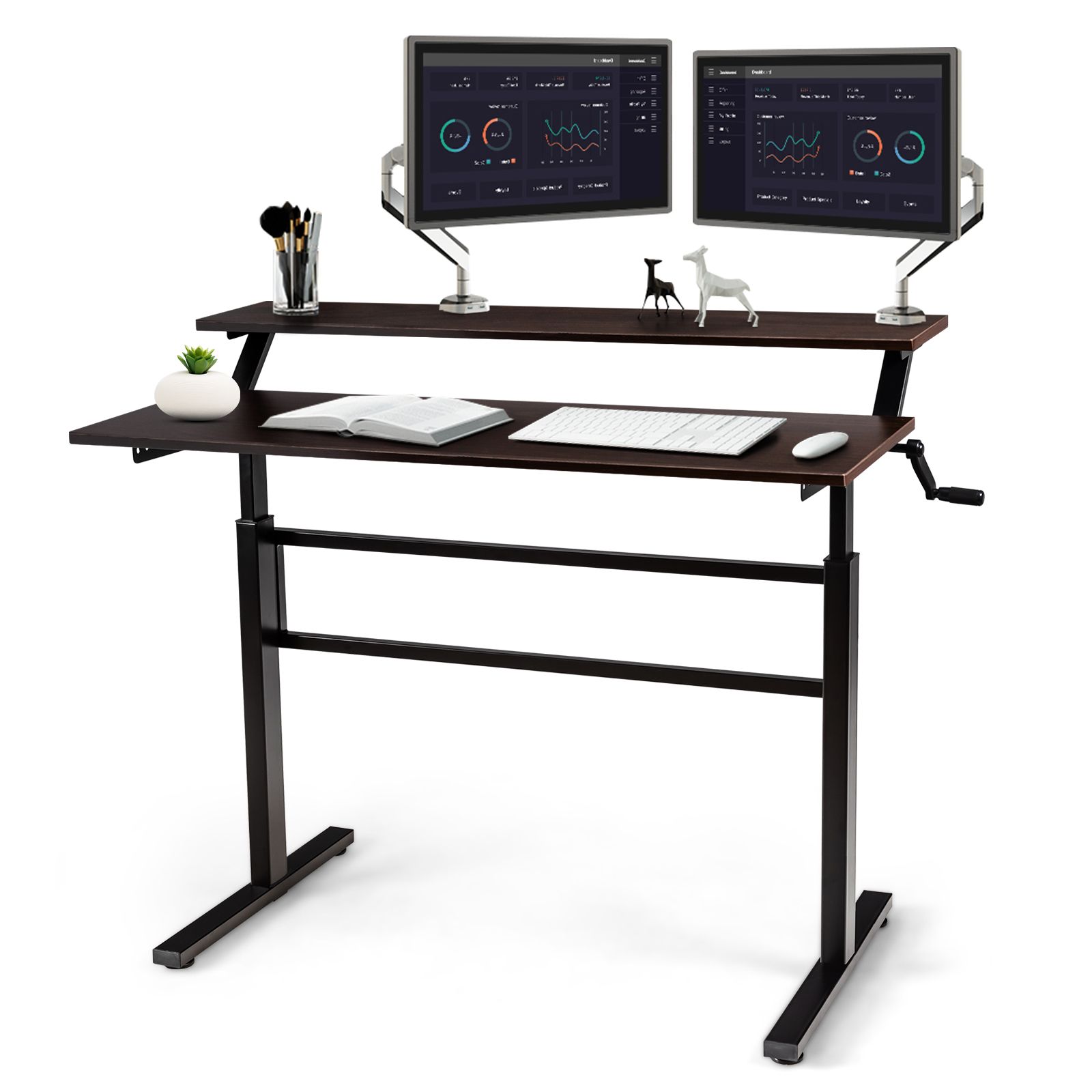 Costway 2-Tier Standing Computer Desk Sit to Stand Workstation Ergonomic Computer Table in Brown