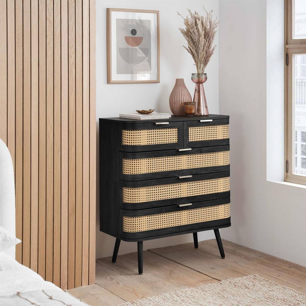Birlea Rattan 5 Chest of Drawers Sark Black Mid Century Modern