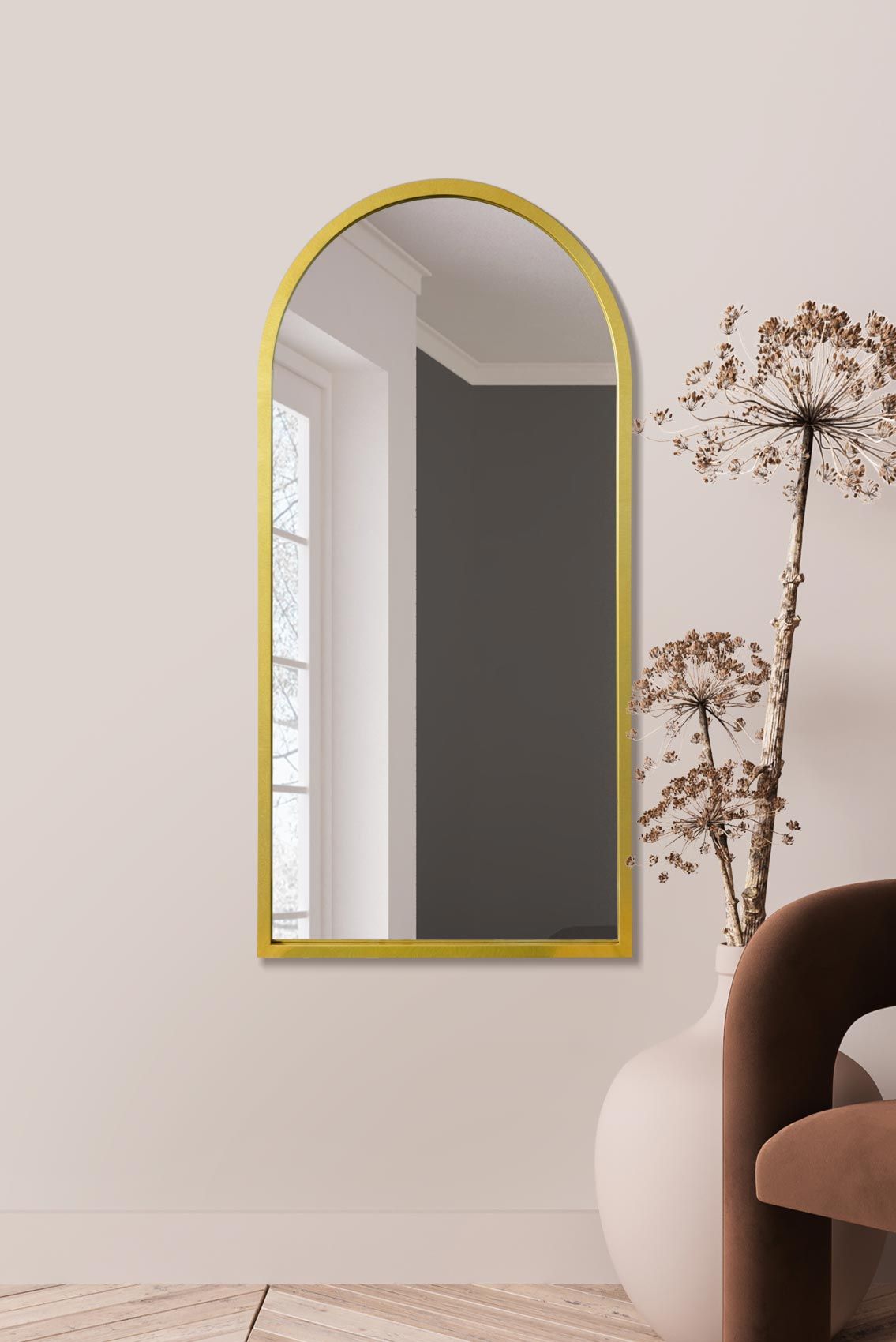 MirrorOutlet Gold Metal Framed Arched Wall Mirror 47" X 23.5" (120CM X 60CM)
