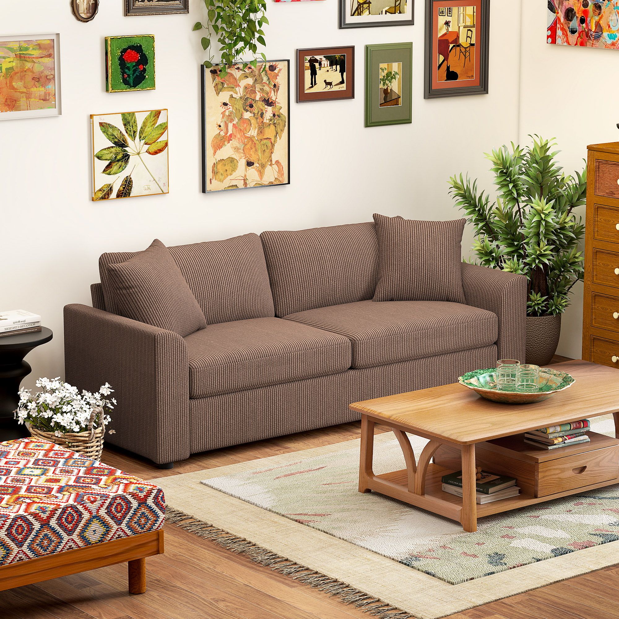 HOMCOM 212 cm Upholstered Jumbo Cord Sofa Couch with Spring Cushion, Coffee in Brown