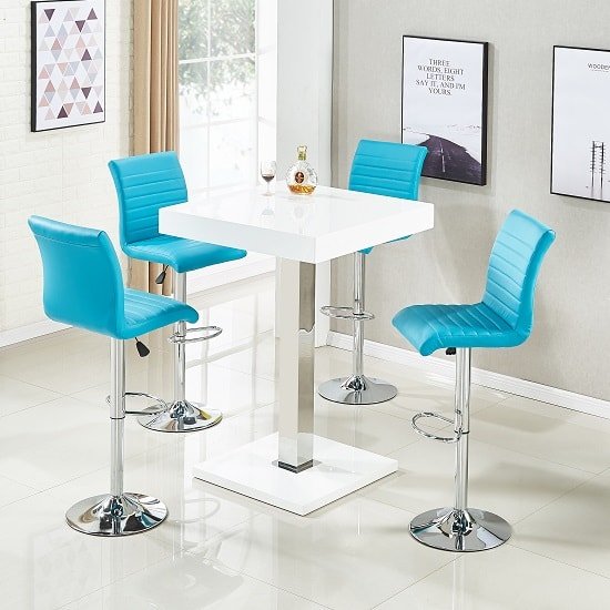 Topaz Bar Table In White High Gloss 4 Ripple Turquoise Stools