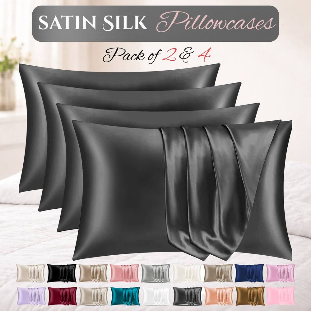 Grace Satin Silk Pillow Cases Pack of 4 Super Soft Smooth Pillow Covers in Charcoal